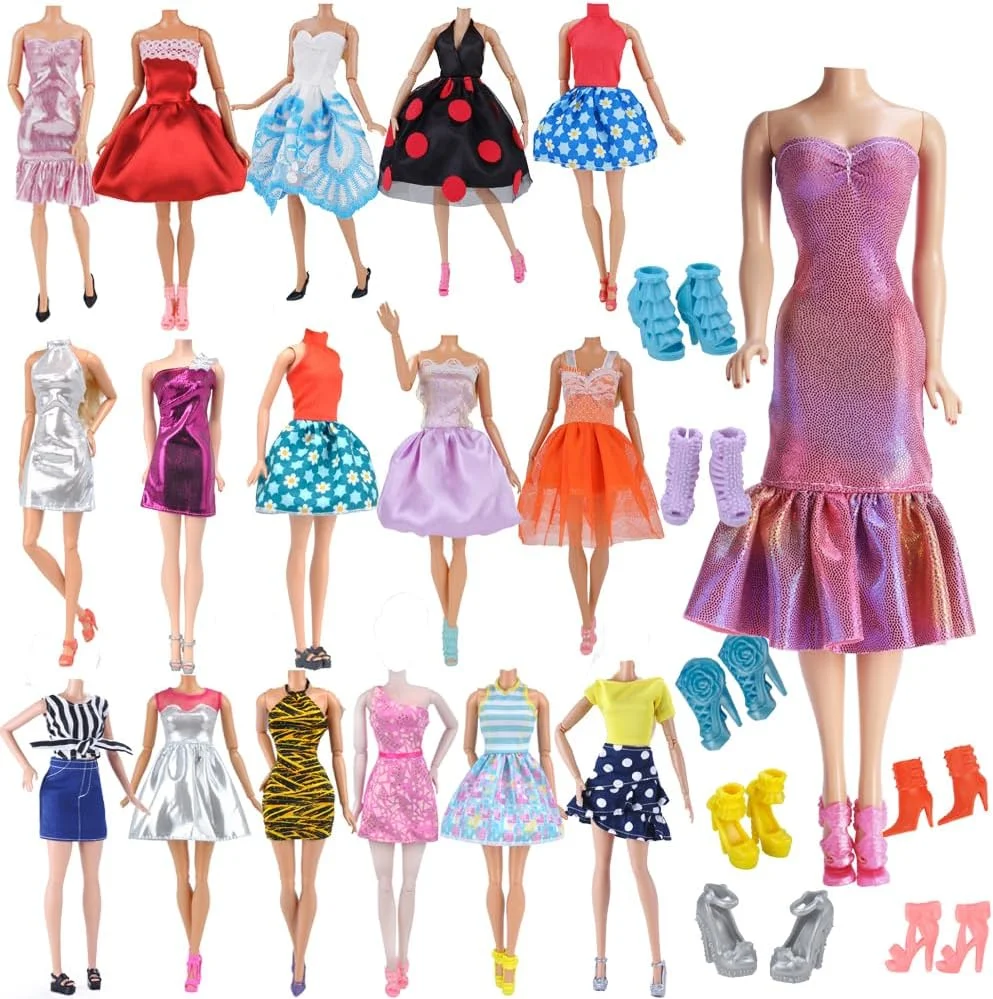 ای-تینگ بسته 15 عددی = 5 ست لباس کوتاه دست ساز مد روز، مینی دامن با 10 جفت کفش برای عروسک دخترانه 11.5 اینچی، مدل تصادفی
