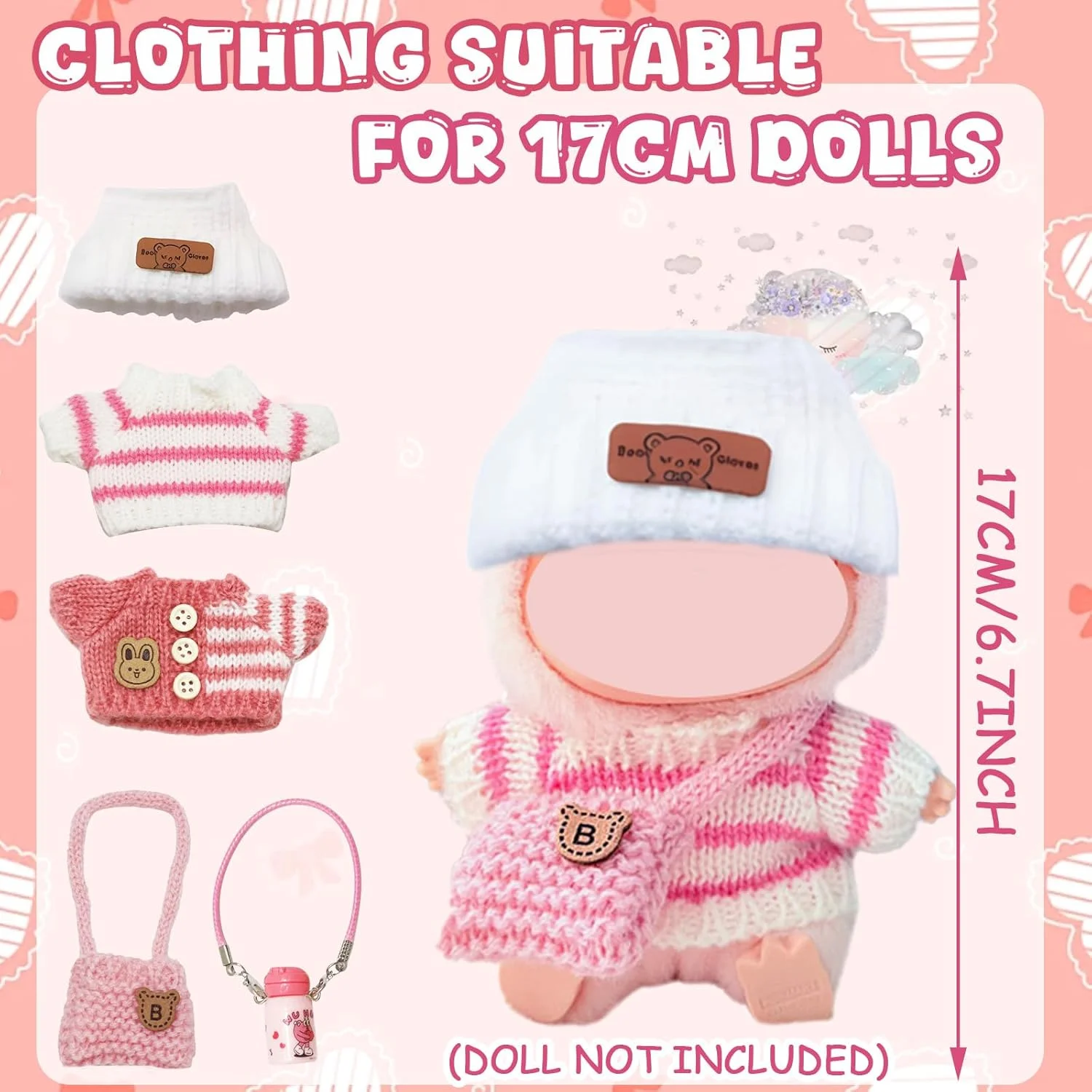 ست لباس و لوازم جانبی عروسک 5 تکه برای لابوبو 17 سانتی متری، ست لباس عروسک با کلاه، ژاکت و کوله پشتی برای هدیه تولد و تعطیلات دخترانه (بدون عروسک)