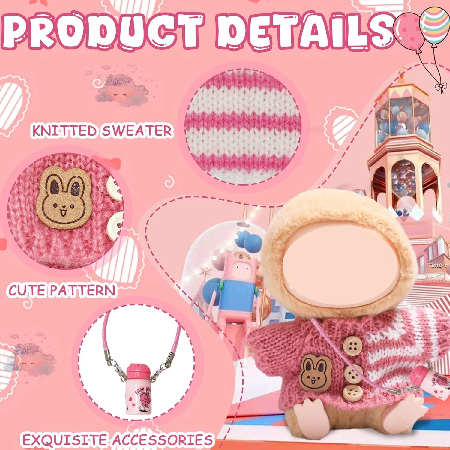 ست لباس و لوازم جانبی عروسک 5 تکه برای لابوبو 17 سانتی متری، ست لباس عروسک با کلاه، ژاکت و کوله پشتی برای هدیه تولد و تعطیلات دخترانه (بدون عروسک)