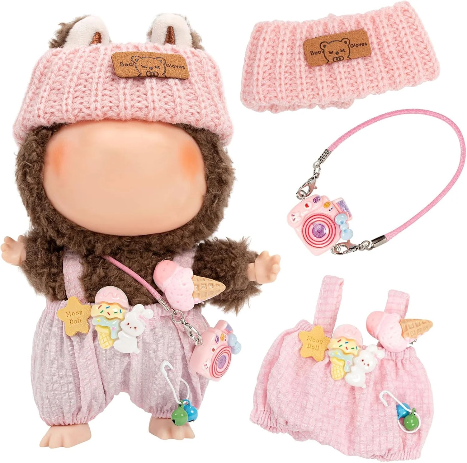 ست لباس عروسک 3 تکه KASTWAVE برای عروسک های 17 سانتی متری Labubu، شامل کلاه صورتی، سرهمی و لوازم جانبی دوربین مینیاتوری، لباس های شیک و سازگار با عروسک La Bubu