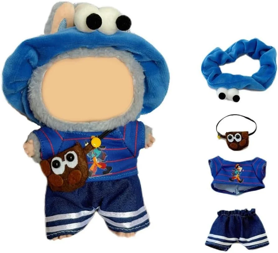 لباس عروسک آزون برای عروسک های لابوبو 15 و 17 سانتی متری، شامل هدبند آبی، پیراهن آبی، شورت جین، کیف کراس بادی کارتونی، لوازم جانبی لباس، (عروسک شامل نمی شود)