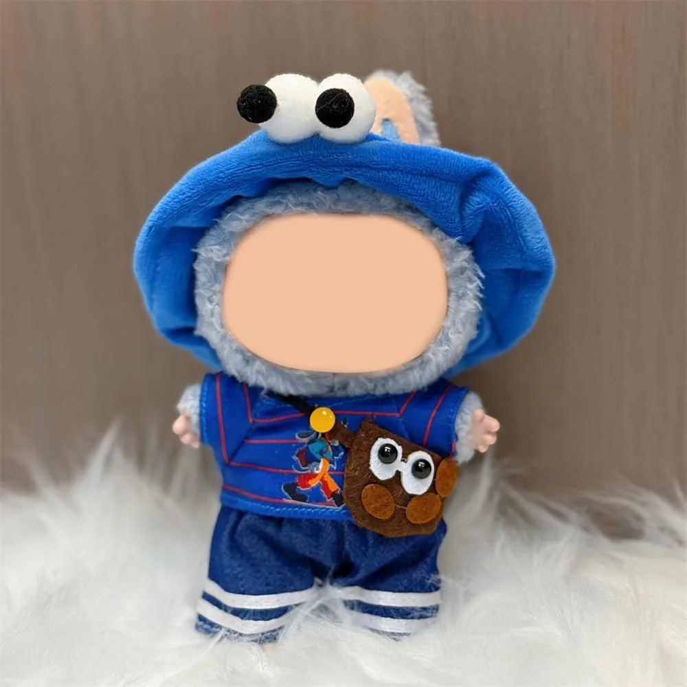 لباس عروسک آزون برای عروسک های لابوبو 15 و 17 سانتی متری، شامل هدبند آبی، پیراهن آبی، شورت جین، کیف کراس بادی کارتونی، لوازم جانبی لباس، (عروسک شامل نمی شود)