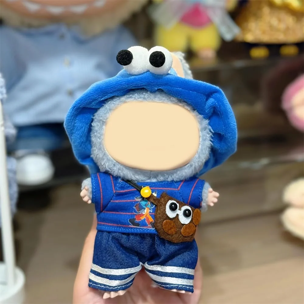 لباس عروسک آزون برای عروسک های لابوبو 15 و 17 سانتی متری، شامل هدبند آبی، پیراهن آبی، شورت جین، کیف کراس بادی کارتونی، لوازم جانبی لباس، (عروسک شامل نمی شود)