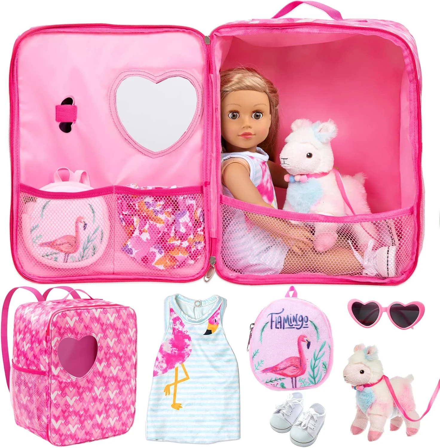 کیف حمل عروسک دخترانه 18 اینچی Ecore Fun به همراه لباس و لوازم جانبی، شامل لباس، کفش پارچه ای سفید، کوله پشتی عروسک، عینک آفتابی، بره اسباب بازی