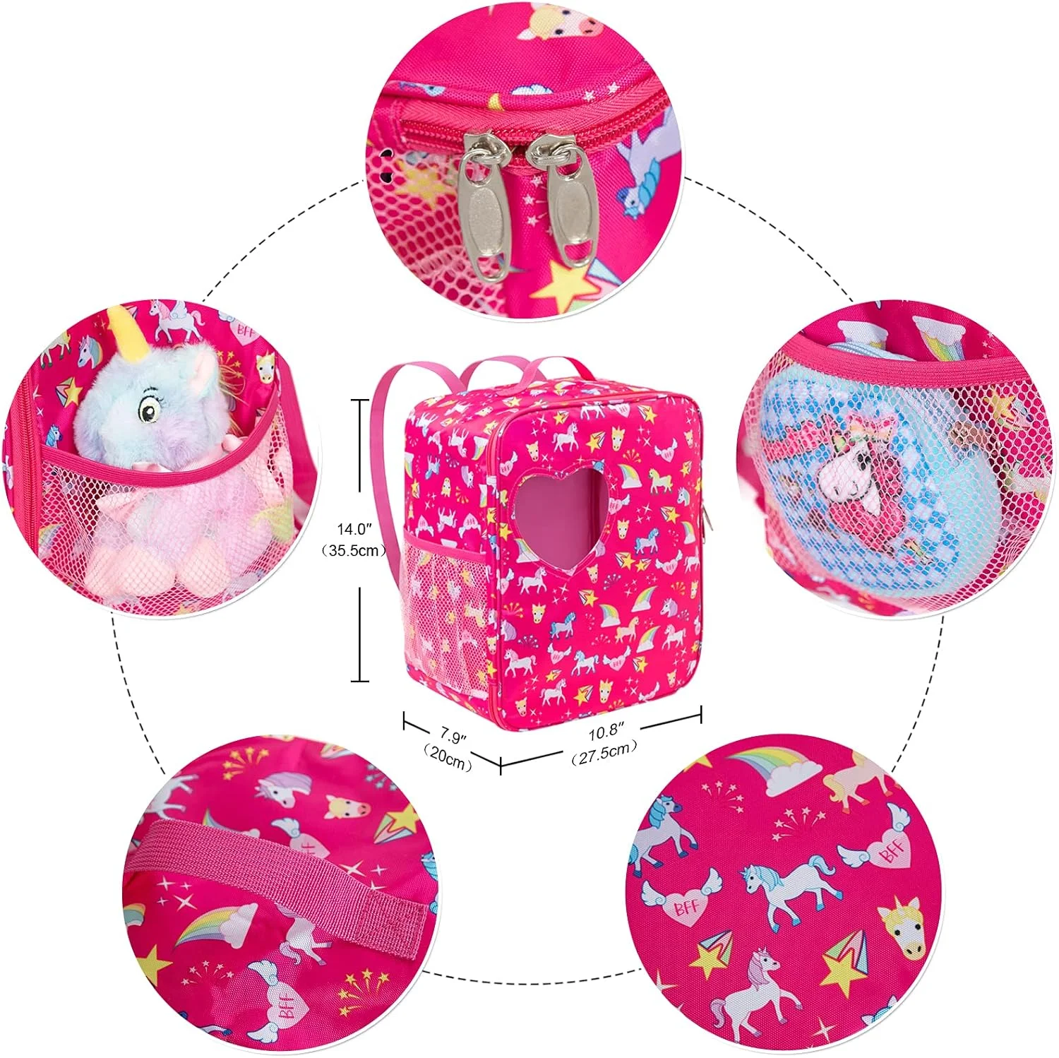 ست کیف حمل و لوازم جانبی 7 تکه عروسک 18 اینچی K.T. Fancy شامل لباس عروسک 18 اینچی، کفش، عینک آفتابی، کوله پشتی عروسک و اسباب بازی تک شاخ (بدون عروسک)