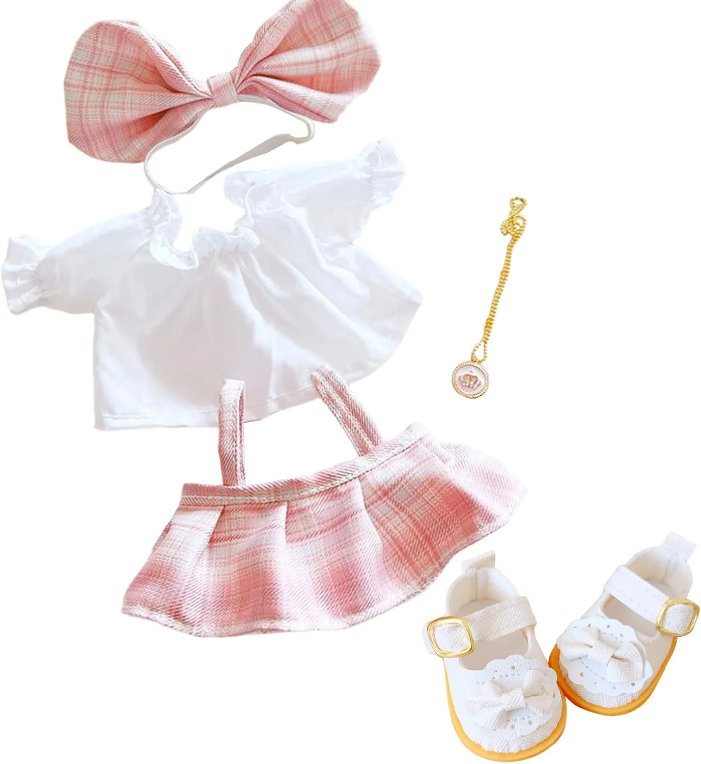 ست لباس عروسک پولیشی CALEMBOU، ست فرم JK زیبا، پیراهن عروسکی، پاپیون، گردنبند، کفش، 5 تکه لباس برای عروسک های نرم 20 سانتی متری / 8 اینچی، حیوانات پر شده (ست لباس صورتی - 20 سانتی متر / 8)