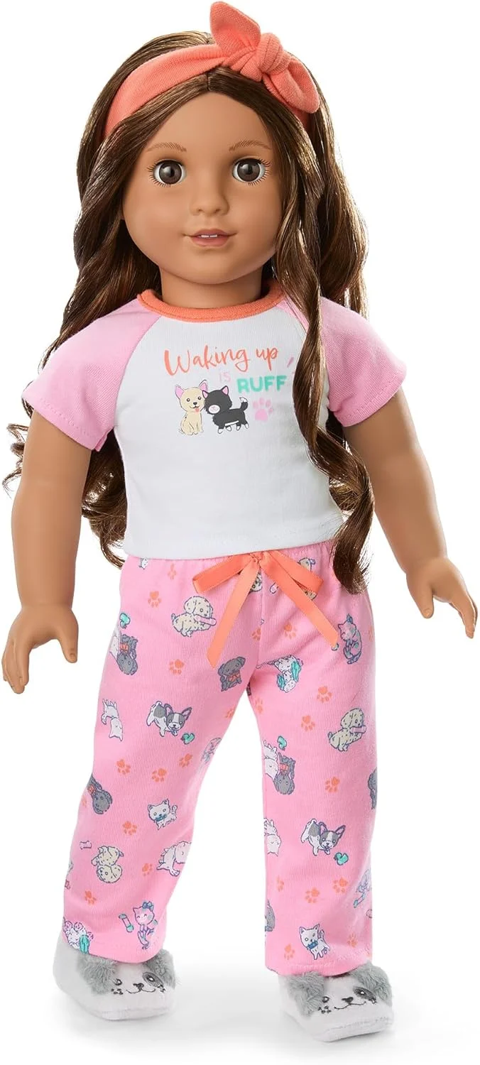 عروسک 18 اینچی امریکن گرل Truly Me با لباس خواب Waking Up is Ruff، دمپایی مخمل خواب دار و هدبند گره دار، مناسب برای سنین 6 سال به بالا