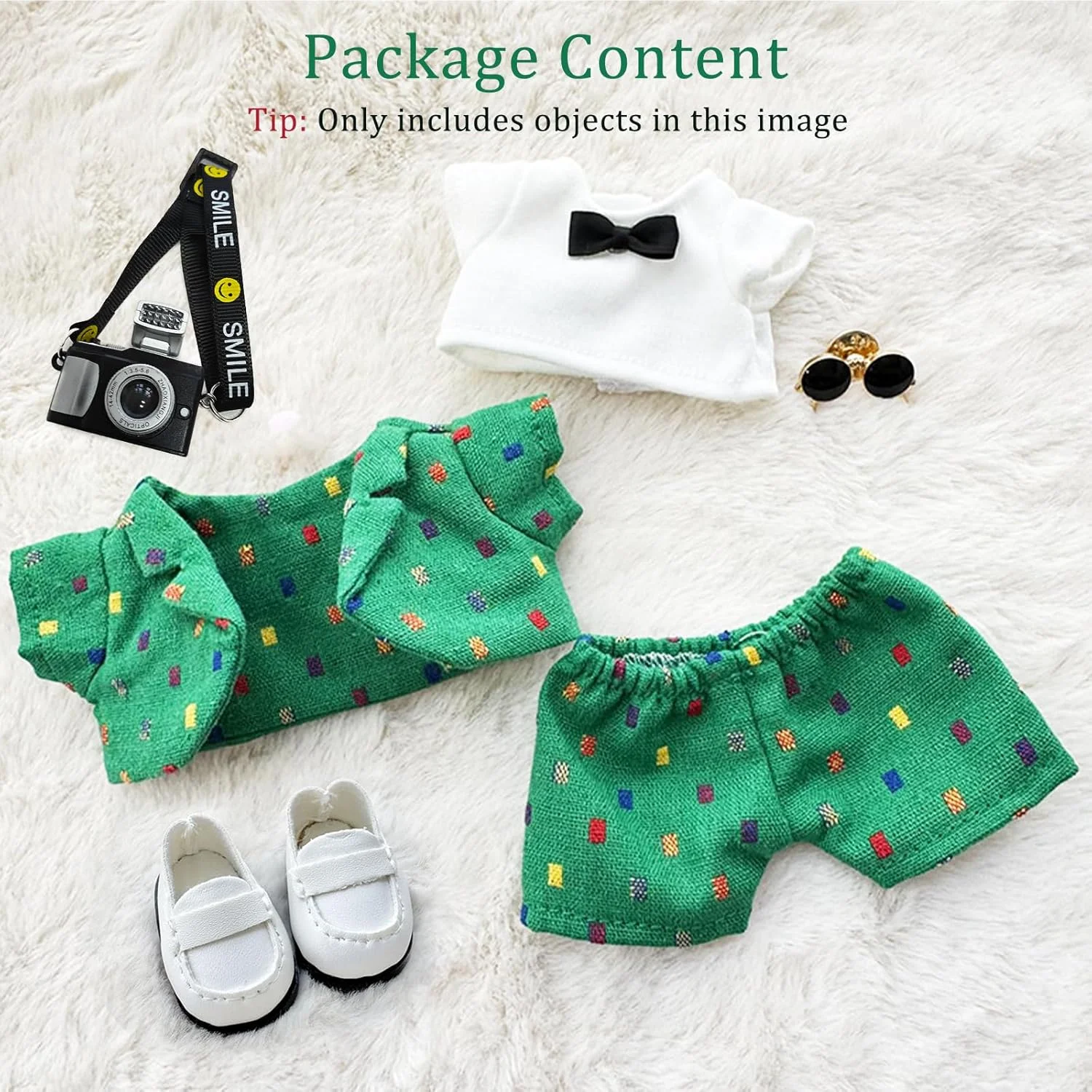 ست لباس عروسک، ژاکت ورزشی سبز با کفش و دوربین برای عروسک های 17 سانتی متری، لباس 3 تکه، طراحی شیک و سرگرم کننده، تعویض آسان لباس (عروسک ها شامل نمی شوند)