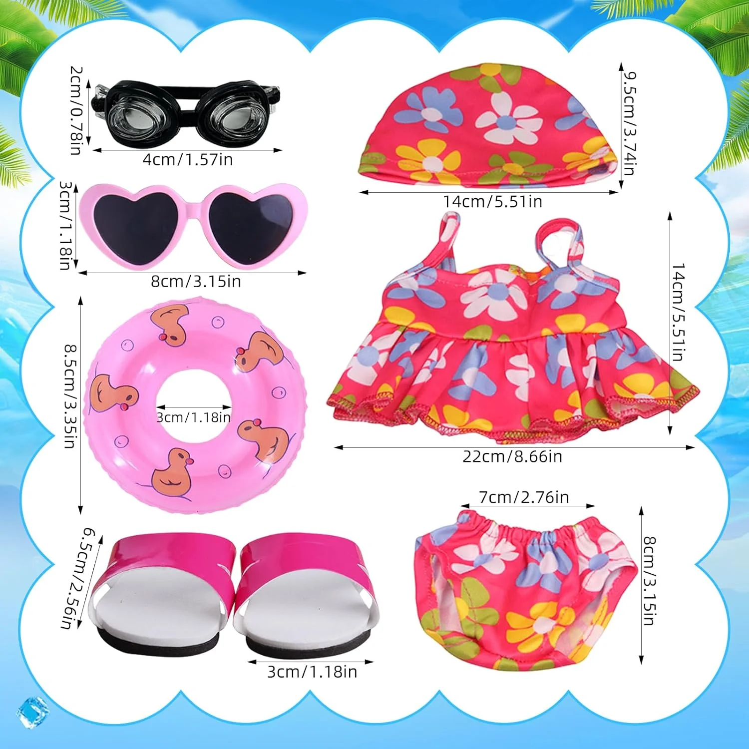 ست لباس شنای تابستانی عروسک برای عروسک ها، 7 تکه لوازم جانبی عروسک، لباس 43 سانتی متری عروسک بچه با حلقه شنا، کفش، عینک آفتابی برای عروسک شنا، هدیه دخترانه ست لباس شنای تابستانی عروسک برای عروسک ها، 7 تکه لوازم جانبی عروسک، لباس 43 سانتی متری عروسک بچه با حلقه شنا، کفش، عینک آفتابی برای عروسک شنا، هدیه دخترانه