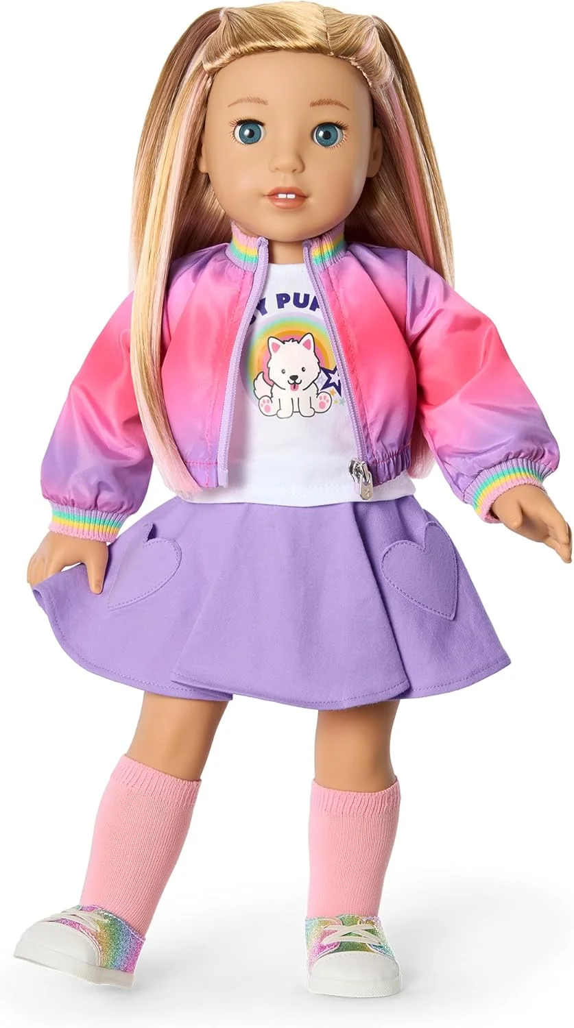 لباس سگ گردان سامر مک‌کینی، دختر سال 2025 امریکن گرل، مناسب برای عروسک‌های 18 اینچی، شامل تی‌شرت، ژاکت، شلوار دامن، جوراب و کفش، مناسب برای سنین 6 سال به بالا