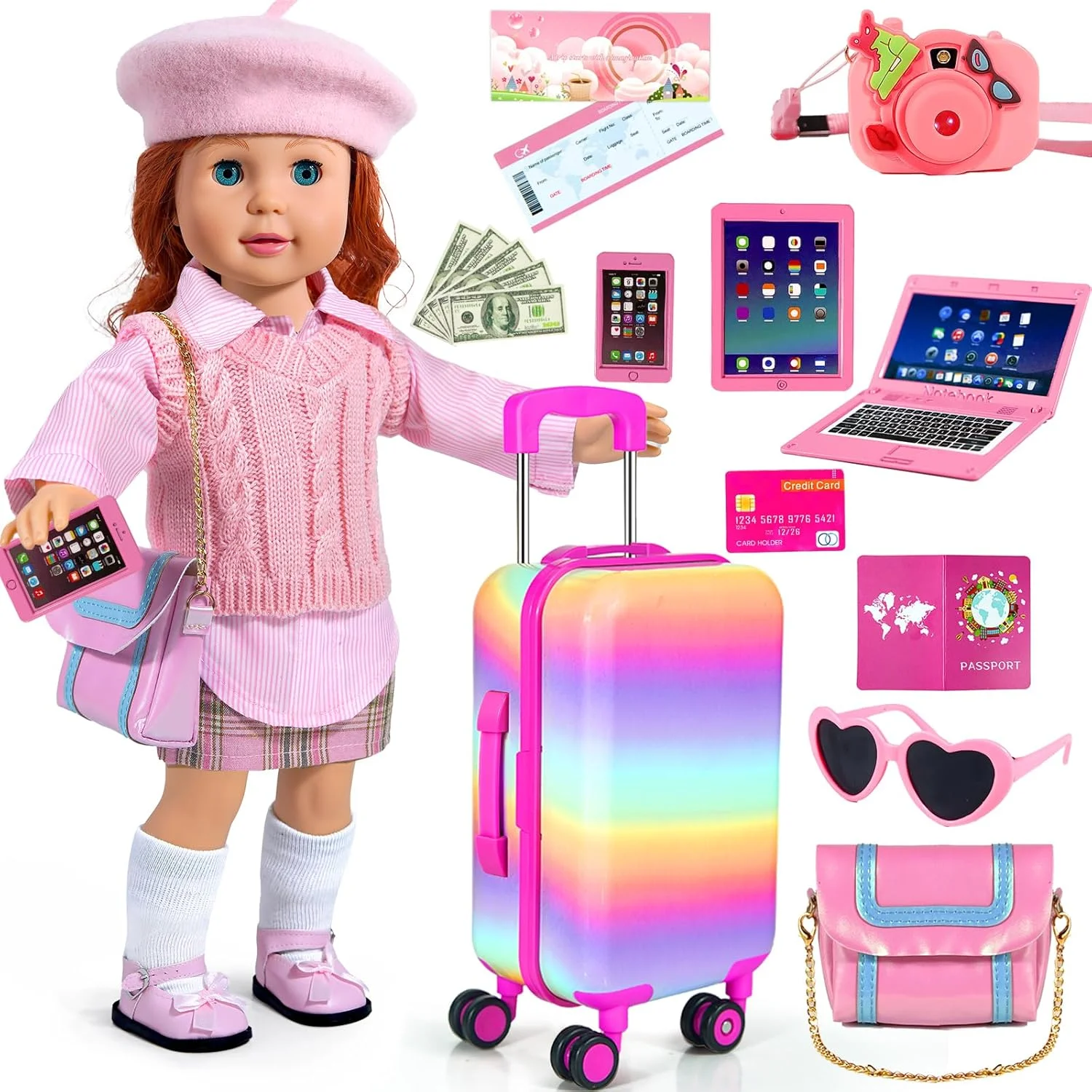 لباس و لوازم جانبی عروسک 18 اینچی WONDOLL - چمدان مسافرتی عروسک، لباس و کفش عروسک، کیف، عینک آفتابی، دوربین، پاسپورت، دفترچه یادداشت، تلفن، پد، ست بازی وسایل مسافرتی عروسک مناسب برای عروسک 18 اینچی