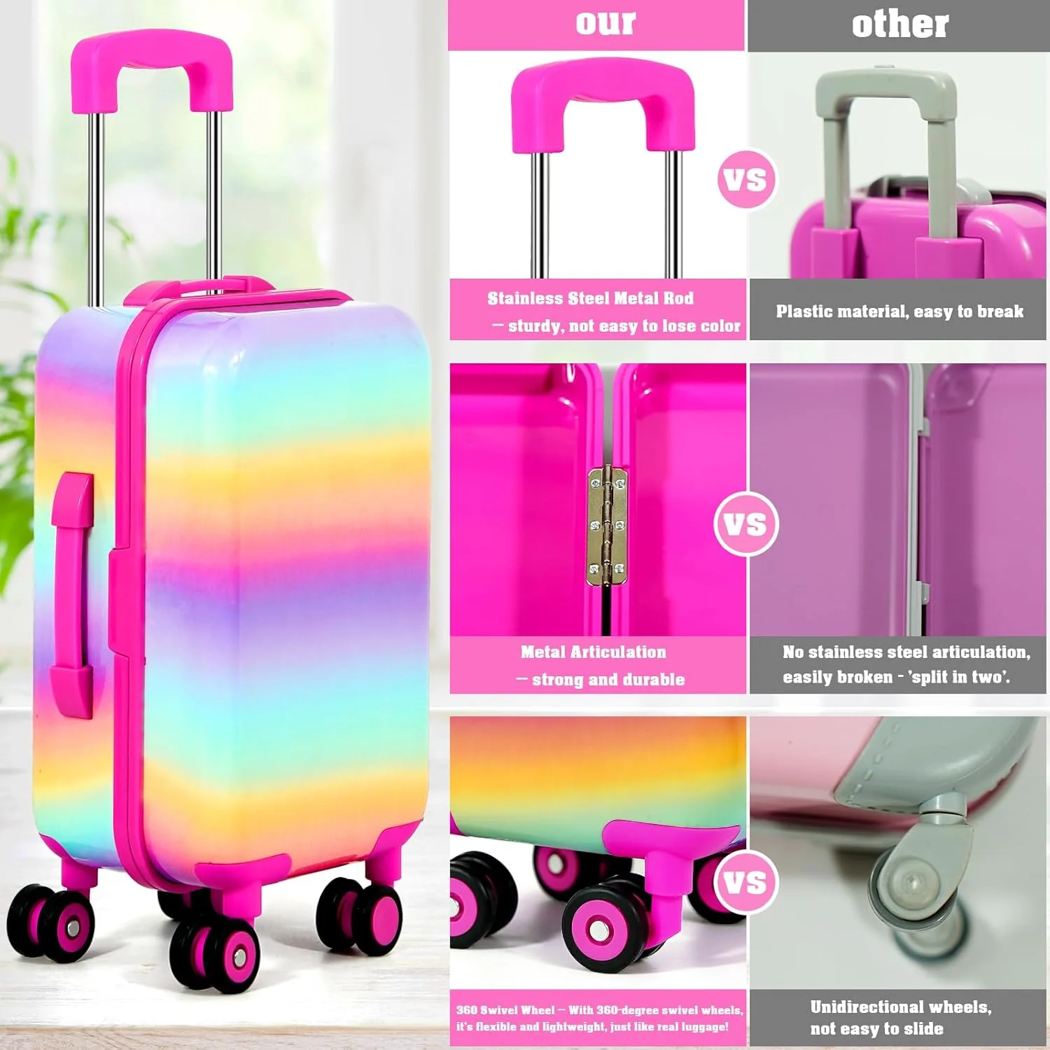 لباس و لوازم جانبی عروسک 18 اینچی WONDOLL - چمدان مسافرتی عروسک، لباس و کفش عروسک، کیف، عینک آفتابی، دوربین، پاسپورت، دفترچه یادداشت، تلفن، پد، ست بازی وسایل مسافرتی عروسک مناسب برای عروسک 18 اینچی