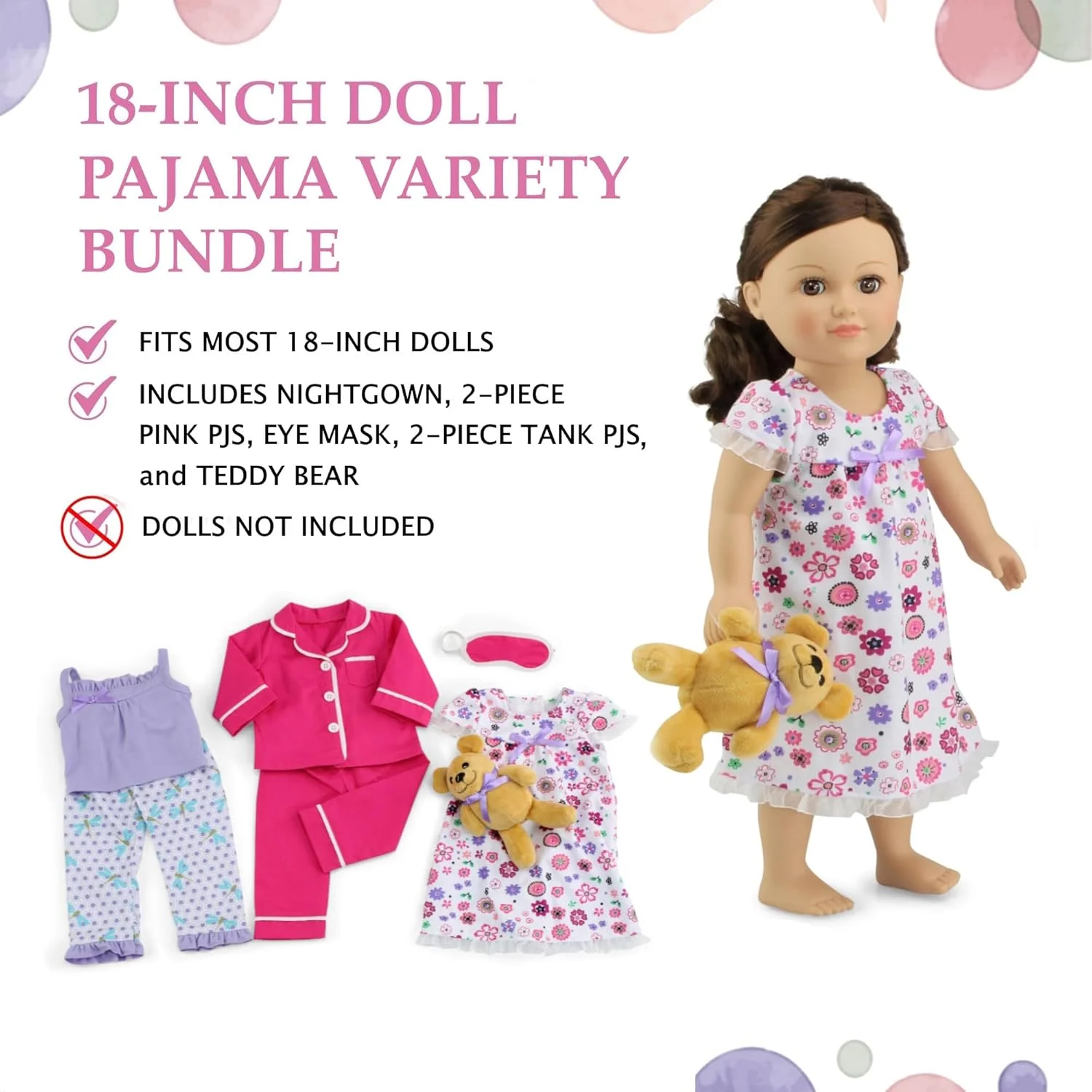 ست لباس و لوازم جانبی 7 تکه ای عروسک 18 اینچی امیلی رز - ست هدیه - لباس خواب و پیژامه عروسک 18 اینچی، به همراه خرس عروسکی | مناسب برای اکثر عروسک های 18 اینچی