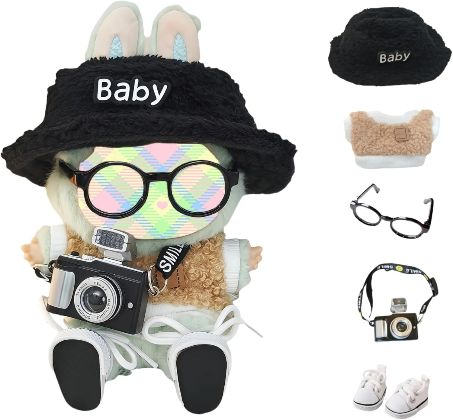 ست لباس عروسک، لوازم جانبی (بدون عروسک)، ست لباس کاوایی زیبا 5 تکه برای عروسک 15 سانتی متری 17 سانتی متری، ست لباس جایگزین عروسک با کلاه عینک ژاکت کفش