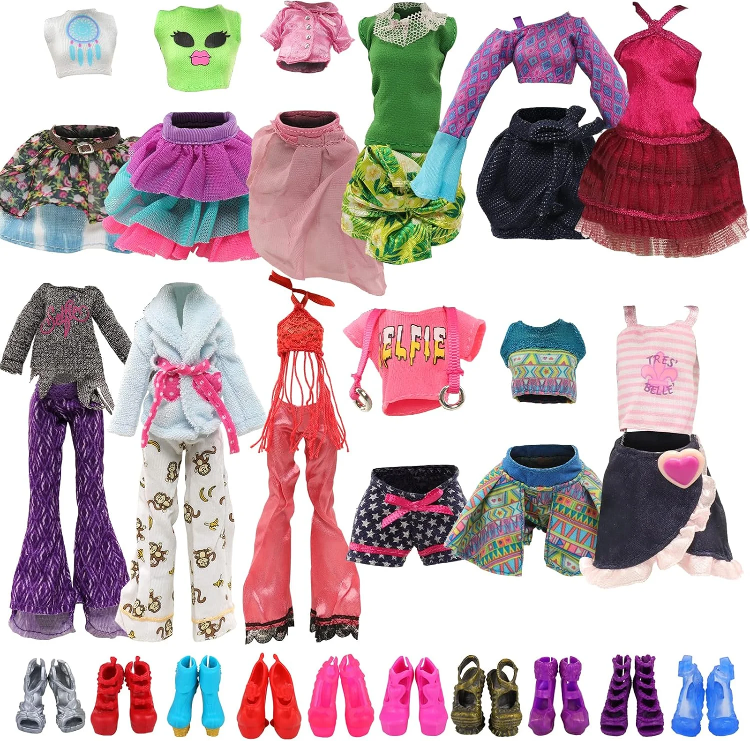 باروا 6 ست لباس عروسک و 6 جفت کفش برای عروسک دختر هیولا 11 اینچی، لباس های مد روز، تاپ و شلوار غیر رسمی