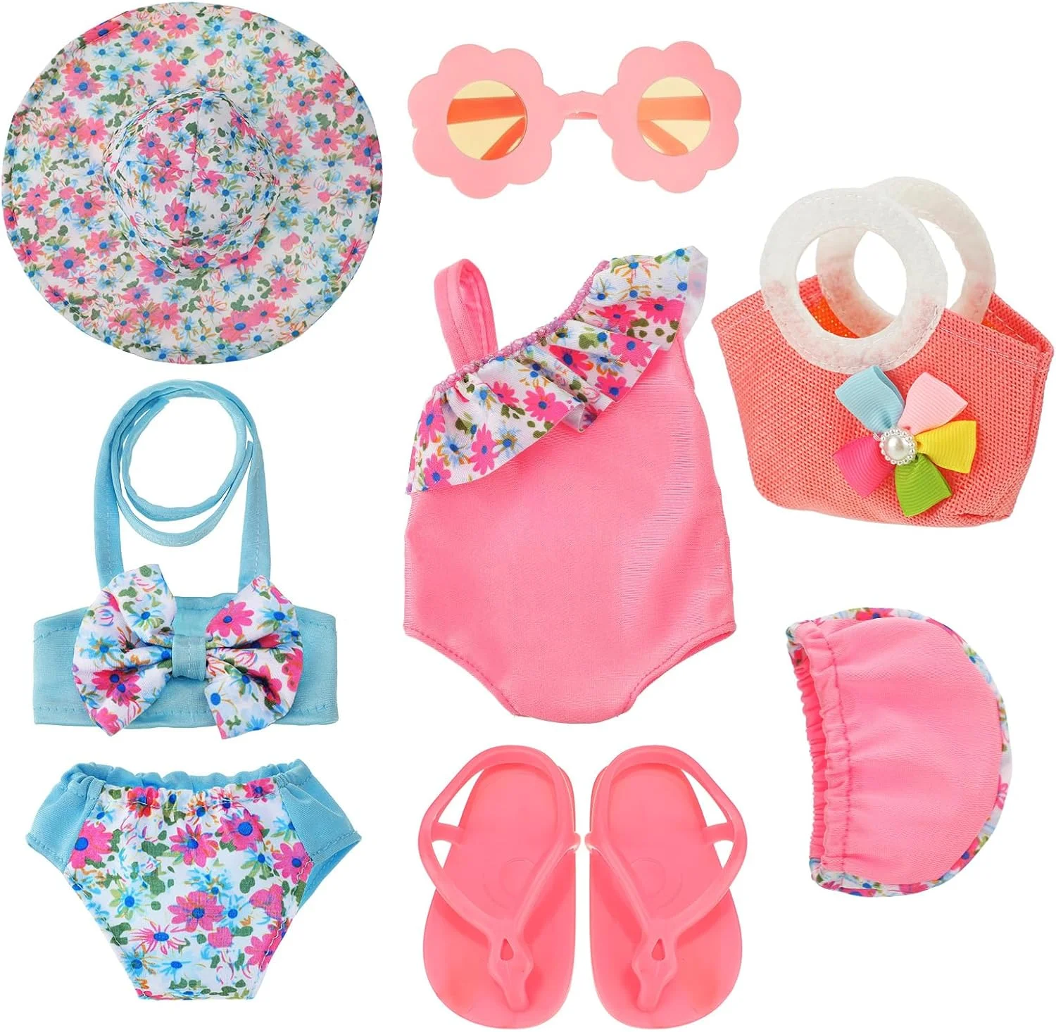 ست لباس شنای عروسک کجایا 8 تکه، لباس و لوازم جانبی عروسک 18 اینچی، لباس، صندل، کلاه، لباس شنا، لوازم جانبی لباس شنا برای 18 اینچ