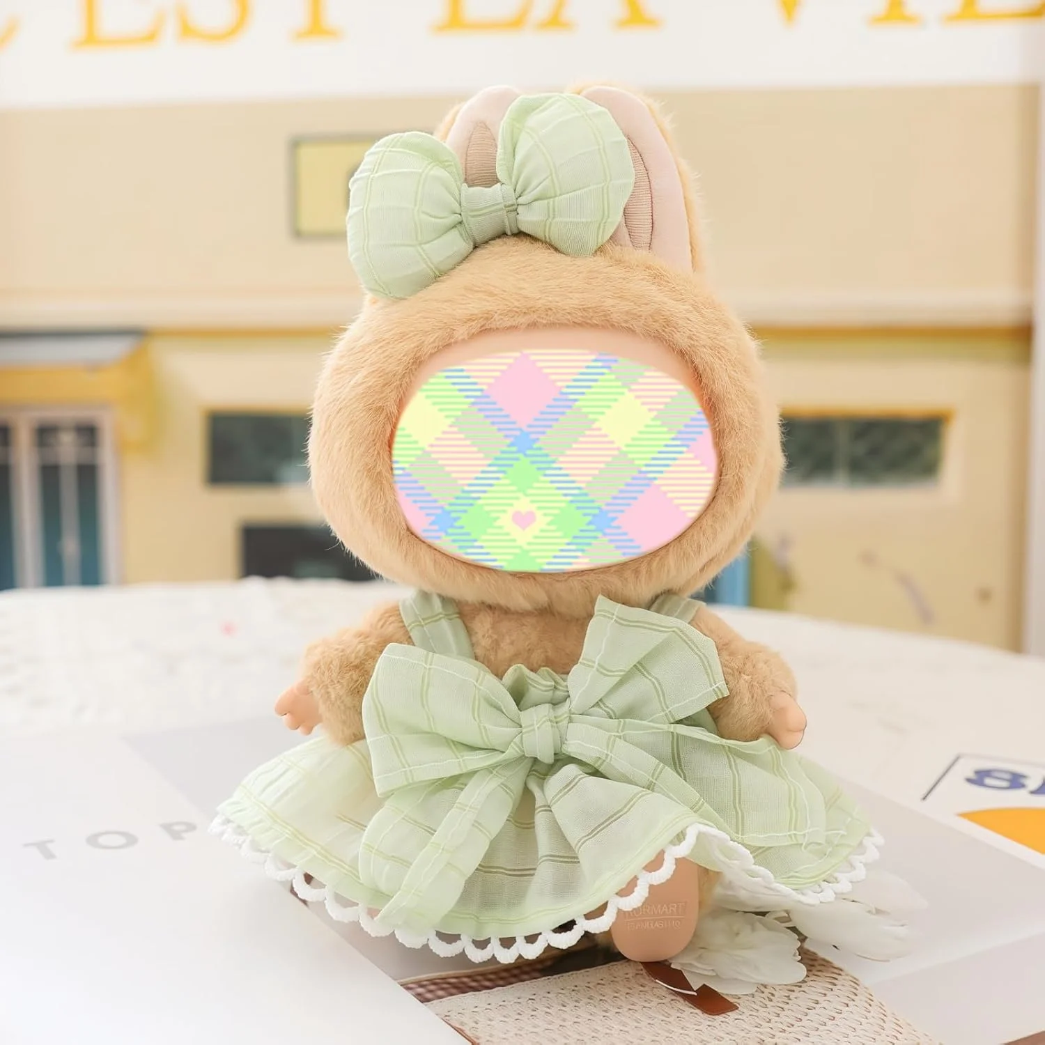 لباس و لوازم جانبی عروسک لابوبو، ست لباس دامن و پاپیون کاوایی 2 تکه مناسب برای لابوبو 15 و 17 سانتی متری، ست لباس عروسک پاپیونی شیک جایگزین سازگار با لابوبو سبز (بدون عروسک)