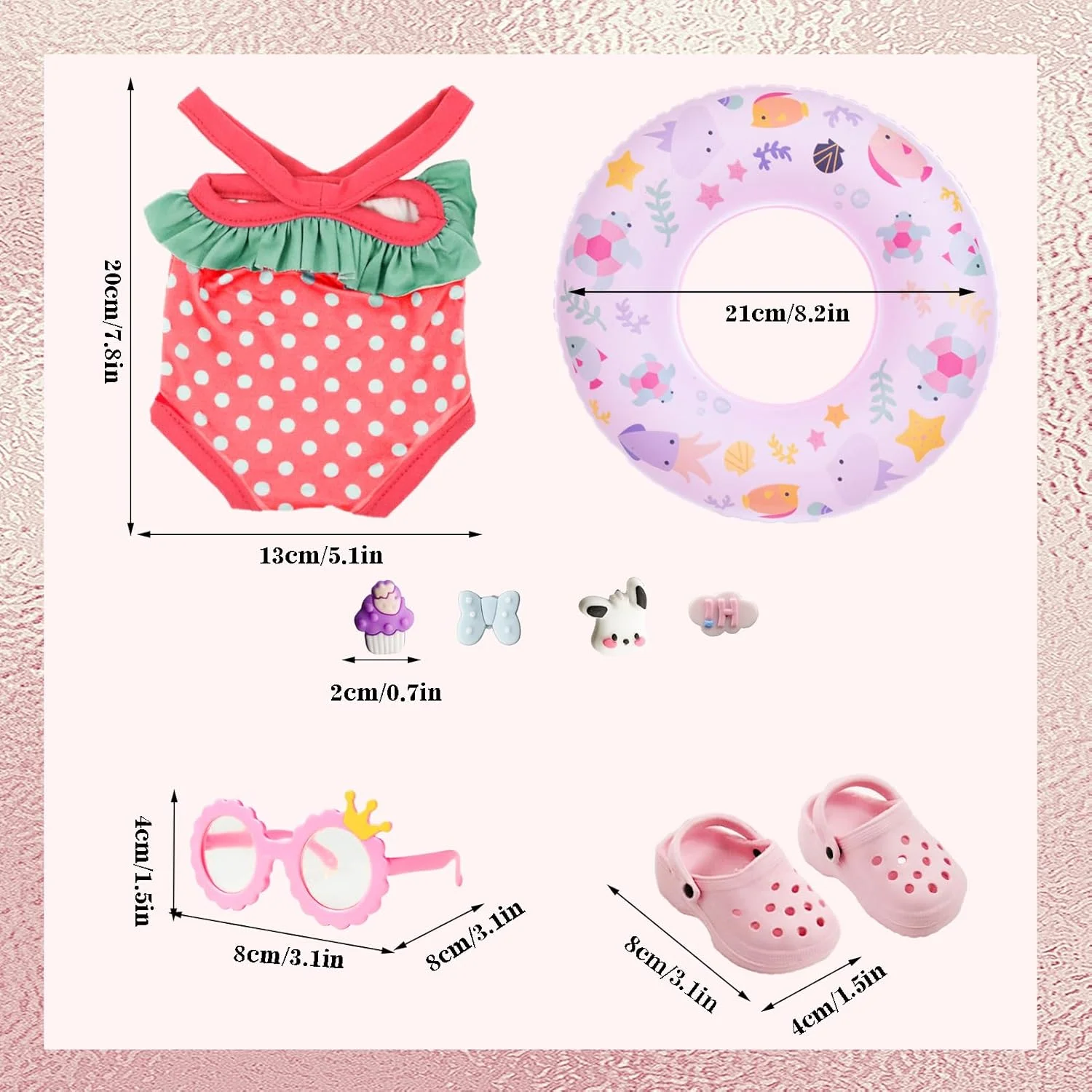 لباس عروسک 4 تکه تابستانی SHOWHEEL با مایو، حلقه شنا، عینک آفتابی و دمپایی، لوازم جانبی عروسک، عروسک مایو، برای عروسک شنا 43 سانتی متری