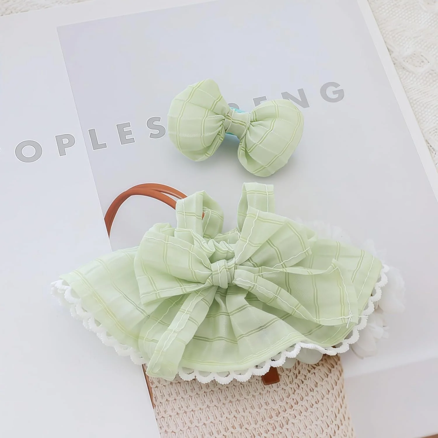 لباس و لوازم جانبی عروسک لابوبو، ست لباس دامن و پاپیون کاوایی 2 تکه مناسب برای لابوبو 15 و 17 سانتی متری، ست لباس عروسک پاپیونی شیک جایگزین سازگار با لابوبو سبز (بدون عروسک)