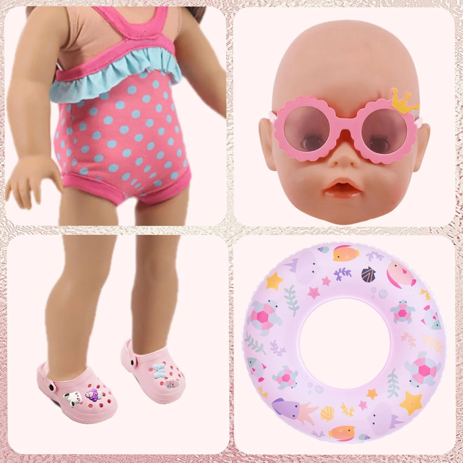 لباس عروسک 4 تکه تابستانی SHOWHEEL با مایو، حلقه شنا، عینک آفتابی و دمپایی، لوازم جانبی عروسک، عروسک مایو، برای عروسک شنا 43 سانتی متری