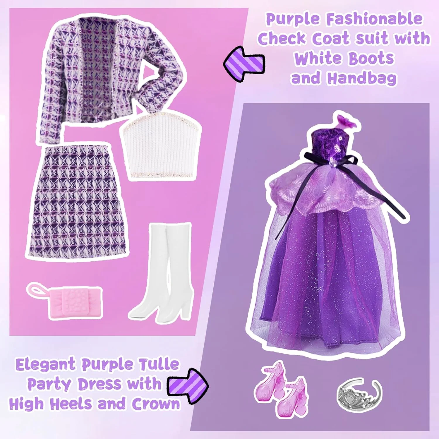 25 تکه لباس و لوازم جانبی عروسک، سازگار با باربی، 1 لباس شب، 1 ست مد، 1 کت پولک دار، 1 لباس سرهمی، 3 لباس، 3 کیف دستی، 8 کفش، 1 تاج، 3 لوازم جانبی، برای عروسک های 11.5 اینچی