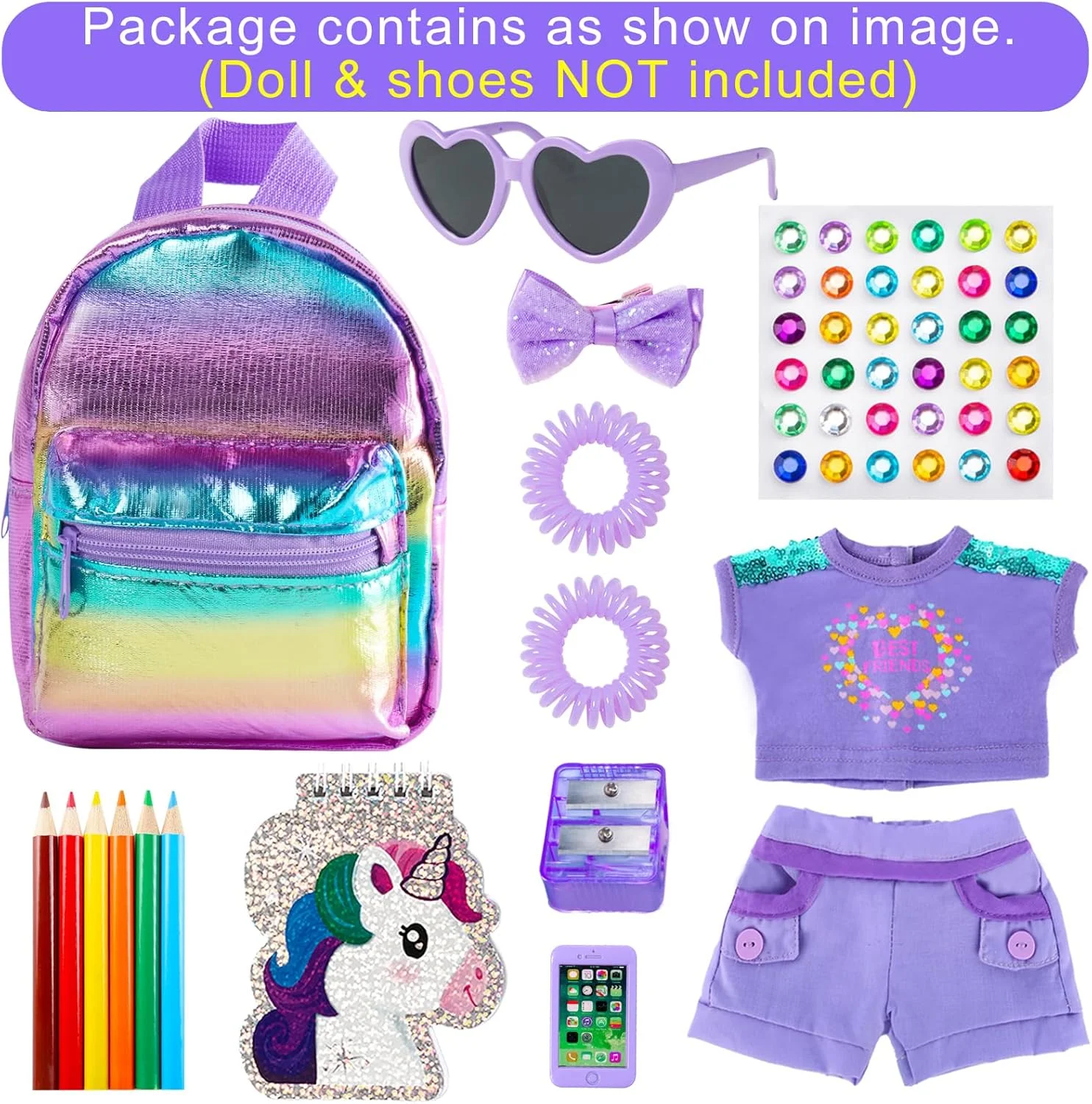 ست لباس و لوازم جانبی مدرسه برای عروسک دخترانه 18 اینچی شامل لباس عروسک، کیف مدرسه، عینک آفتابی، مداد، مداد تراش، دفترچه یادداشت، تلفن، گیره مو، برچسب و غیره ست لباس و لوازم جانبی مدرسه برای عروسک دخترانه 18 اینچی شامل لباس عروسک، کیف مدرسه، عینک آفتابی، مداد، مداد تراش، دفترچه یادداشت، تلفن، گیره مو، برچسب و غیره