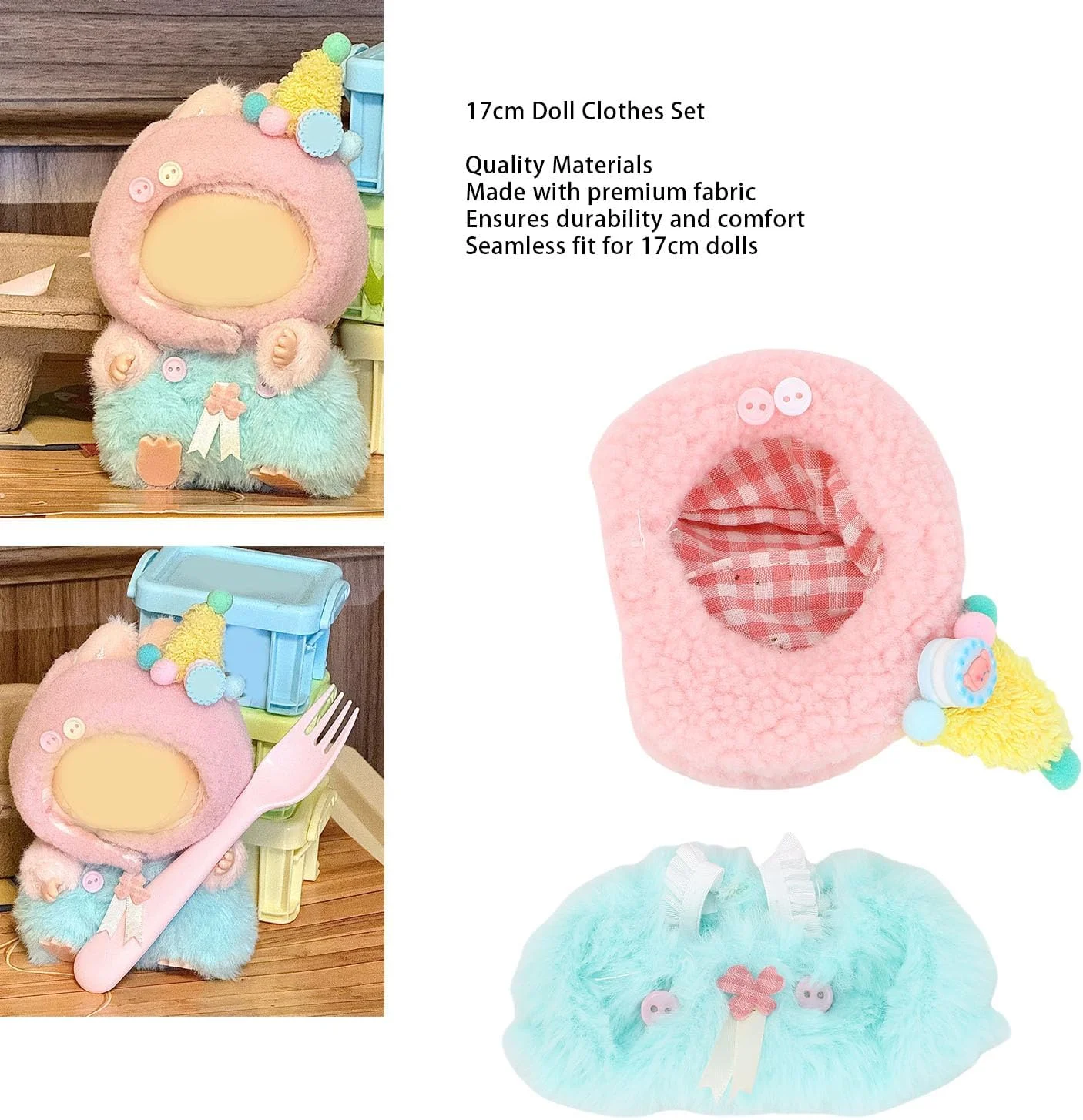 ست لباس عروسک 17 سانتی متری، لباس و کلاه، ست سرهمی و کلاه ناز، ست لوازم جانبی، بدون عروسک