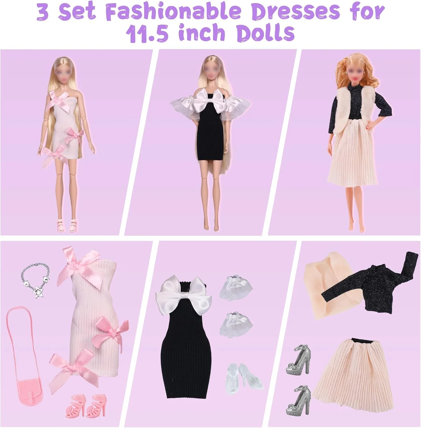 25 تکه لباس و لوازم جانبی عروسک، سازگار با باربی، 1 لباس شب، 1 ست مد، 1 کت پولک دار، 1 لباس سرهمی، 3 لباس، 3 کیف دستی، 8 کفش، 1 تاج، 3 لوازم جانبی، برای عروسک های 11.5 اینچی