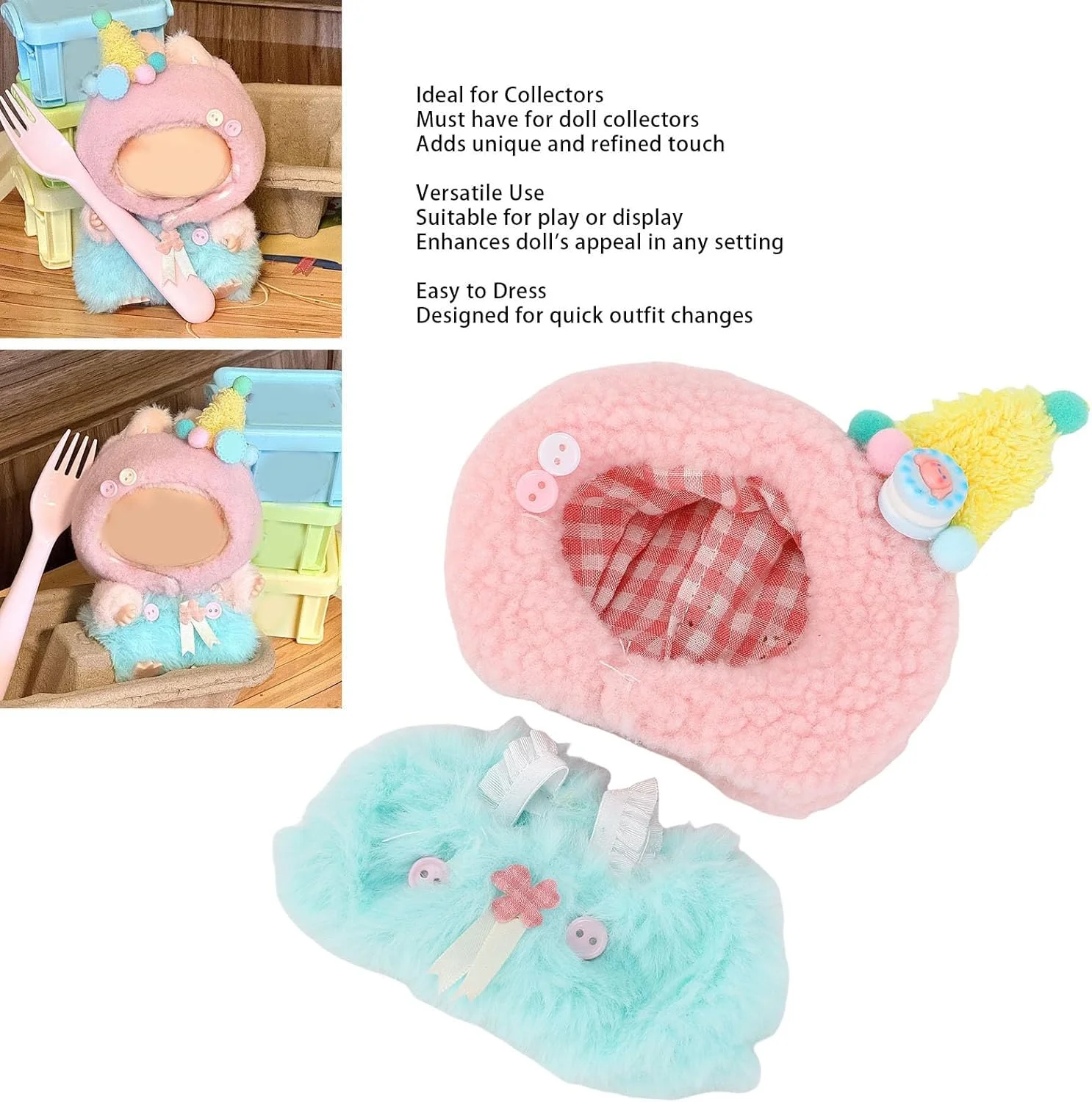 ست لباس عروسک 17 سانتی متری، لباس و کلاه، ست سرهمی و کلاه ناز، ست لوازم جانبی، بدون عروسک