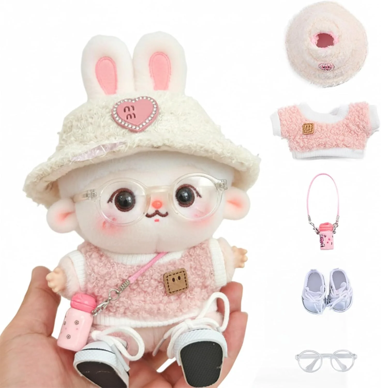 5 ست لباس عروسک 17 سانتی متری - لباس برای لباس عروسک - لوازم جانبی برای لباس عروسک 17 سانتی متری + کلاه مخملی قلبی شکل صورتی روشن + دوربین کوچک + عینک + کفش بوم، عروسک شامل نمی شود