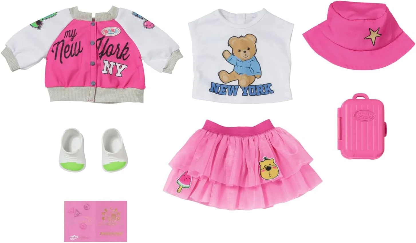 ست لباس مسافرتی لوکس بیبی بورن به همراه لباس عروسک، کلاه سطلی، کفش، ژاکت، پاسپورت و چمدان برای عروسک های 43 سانتی متری، مناسب برای کودکان 3 سال به بالا، 836316 زپف کریشن