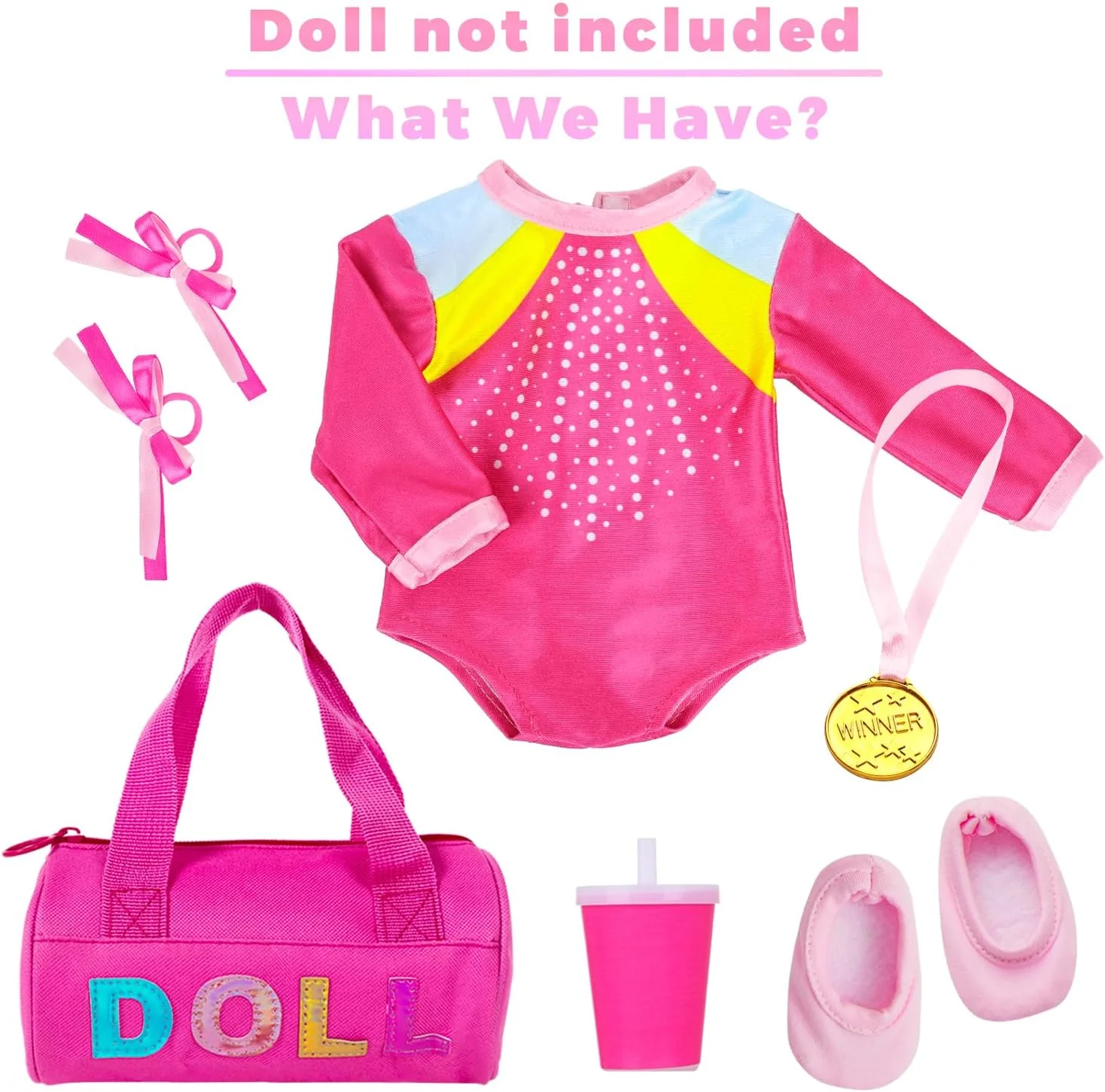 ست لباس ژیمناستیک عروسک 18 اینچی K.T. Fancy - مایو صورتی، کفش، کیف ورزشی، مدال المپیک، بطری آب و لوازم جانبی مو برای بازی، عروسک شامل نمی شود ست لباس ژیمناستیک عروسک 18 اینچی K.T. Fancy - مایو صورتی، کفش، کیف ورزشی، مدال المپیک، بطری آب و لوازم جانبی مو برای بازی، عروسک شامل نمی شود