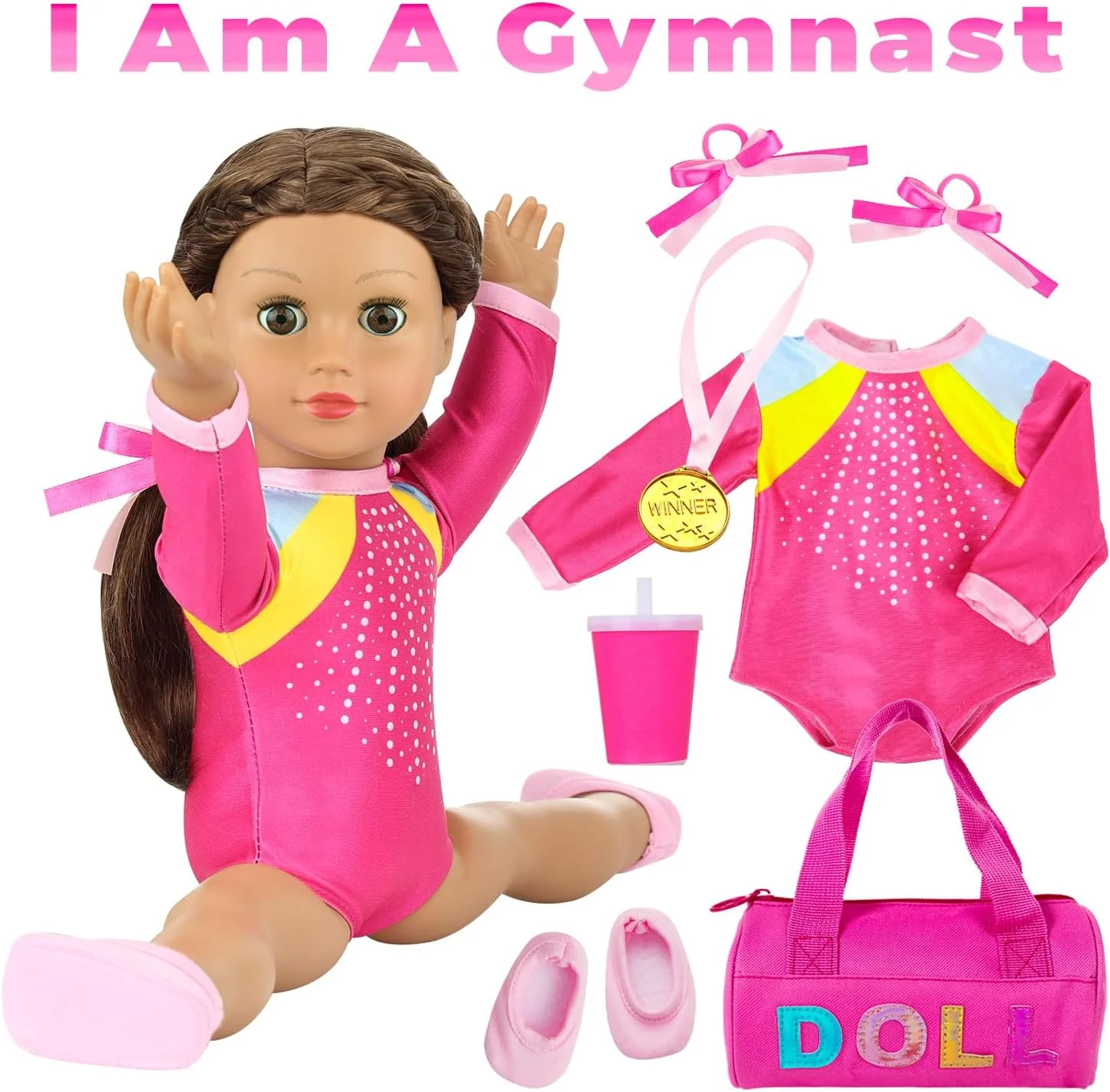 ست لباس ژیمناستیک عروسک 18 اینچی K.T. Fancy - مایو صورتی، کفش، کیف ورزشی، مدال المپیک، بطری آب و لوازم جانبی مو برای بازی، عروسک شامل نمی شود ست لباس ژیمناستیک عروسک 18 اینچی K.T. Fancy - مایو صورتی، کفش، کیف ورزشی، مدال المپیک، بطری آب و لوازم جانبی مو برای بازی، عروسک شامل نمی شود