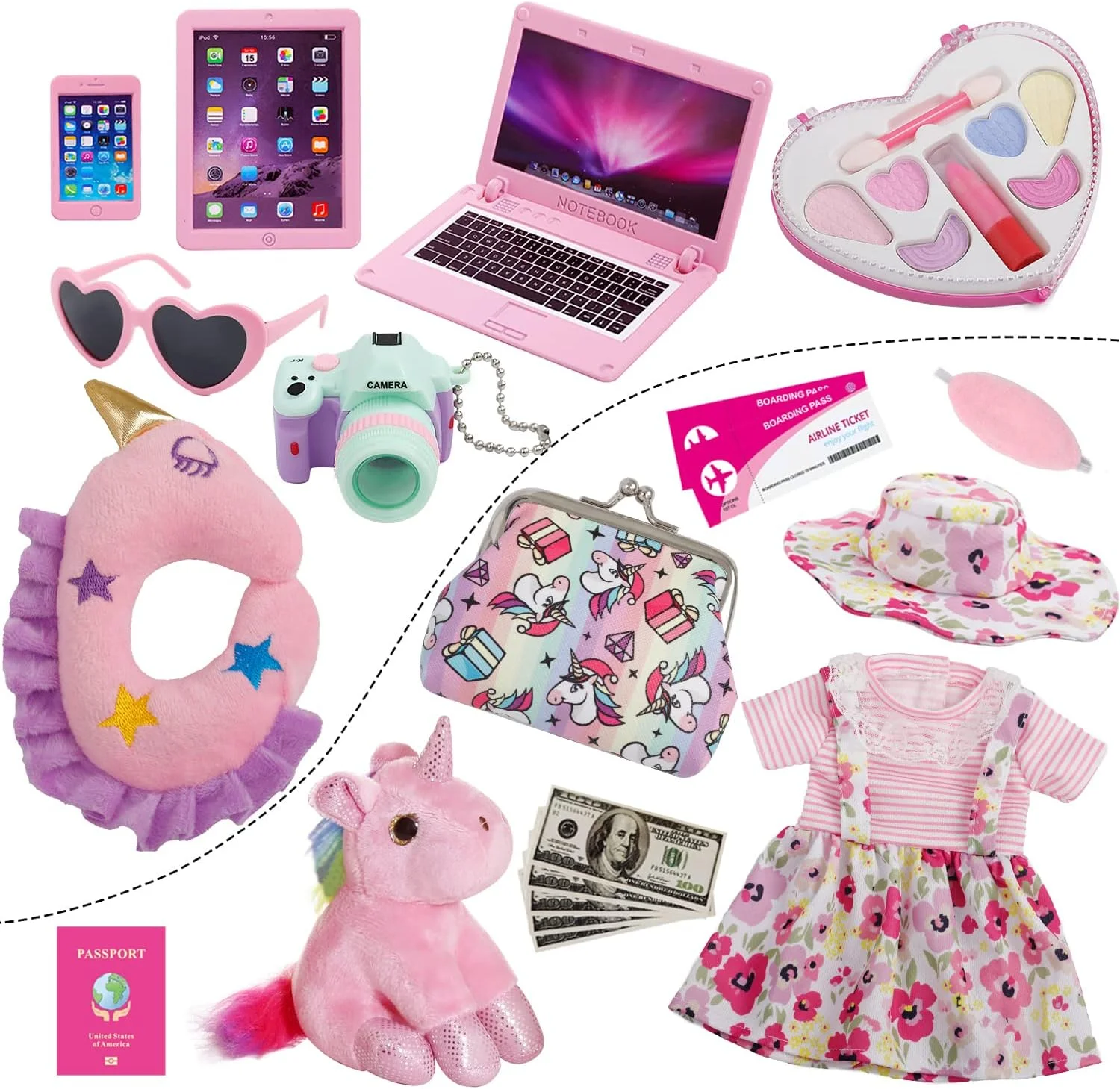 ست چمدان مسافرتی 18 اینچی عروسک Windolls - لوازم جانبی لباس، کیف نگهداری مسافرتی، کیف، کلاه، عینک آفتابی، دوربین، بالش، حیوان خانگی اسباب بازی و موارد دیگر