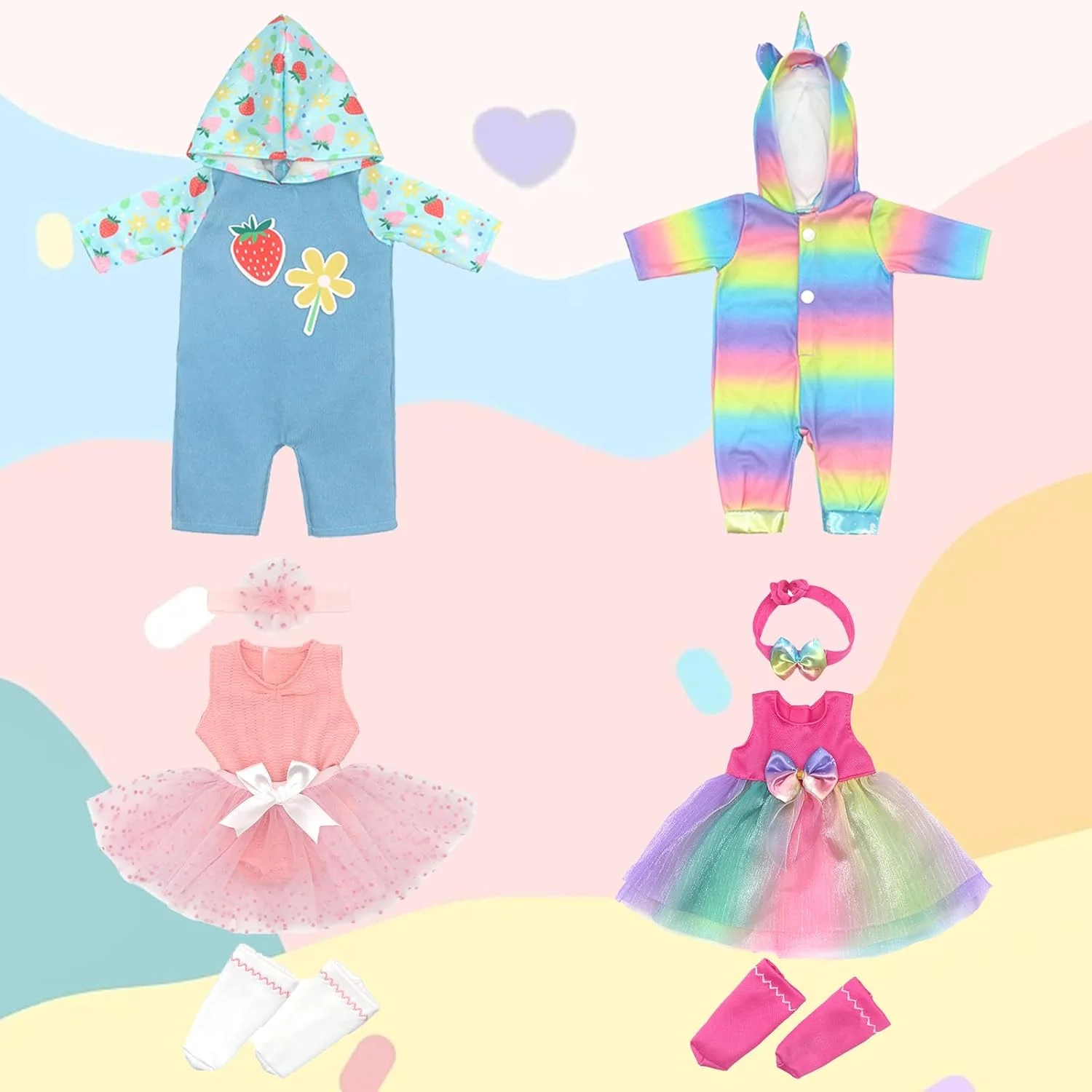 لباس عروسک نوزاد سازگار با لباس نوزاد 12-14 اینچی، لباس عروسک برای لباس های 30-35 سانتی متری، لباس های عروسک نوزاد زیبا، مجموعه چهار تکه برای برآورده کردن خواسته های شما