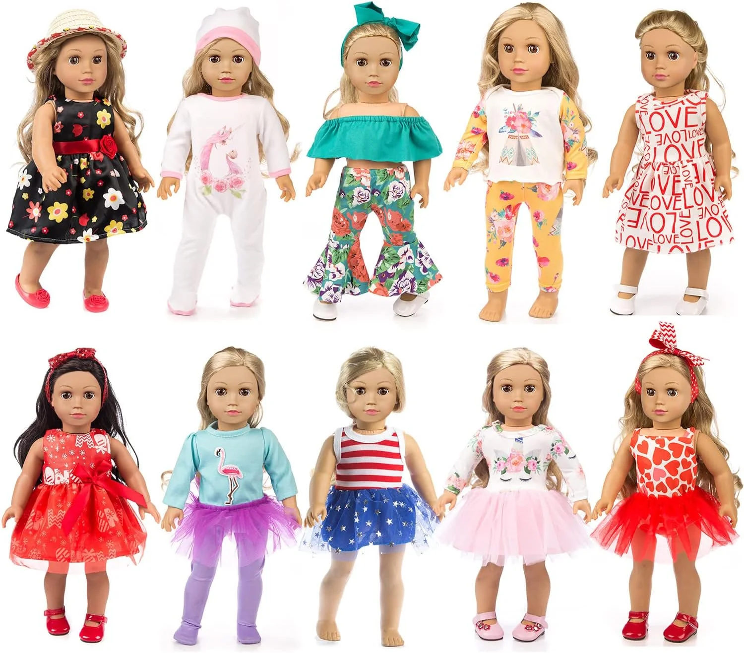 ZQDOLL ست هدیه 19 تکه لباس عروسک آمریکایی برای لباس و لوازم جانبی عروسک 18 اینچی، شامل 10 ست کامل لباس