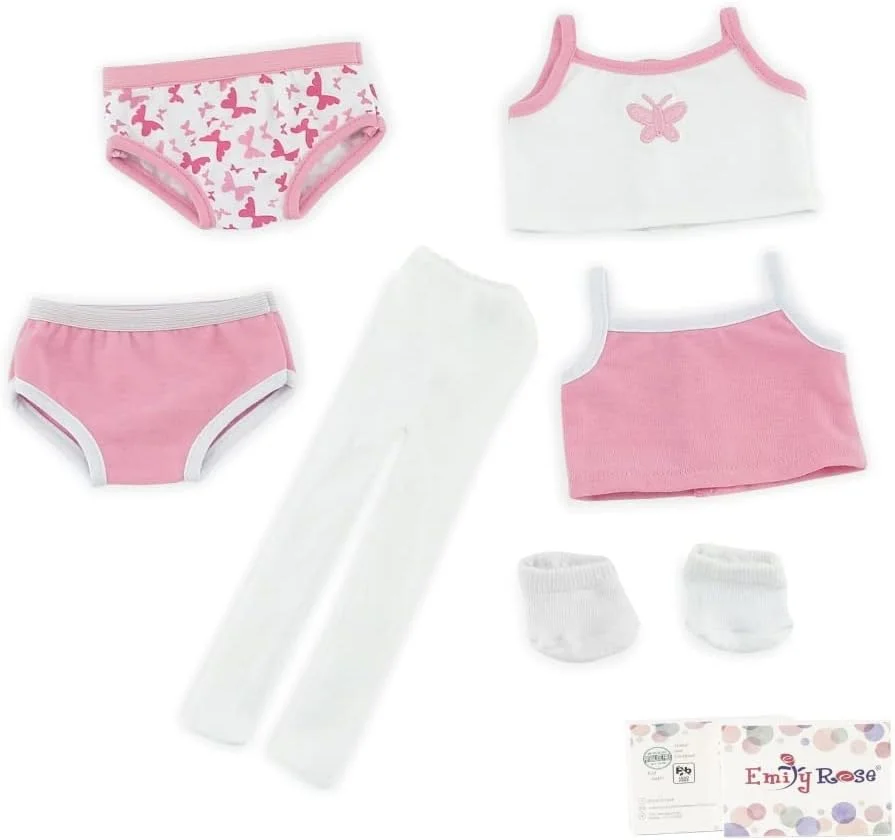 لباس زیر 6 تکه پایه ای عروسک 18 اینچی امیلی رز | شامل 2 شورت، 2 زیرپوش رکابی، جوراب سفید و جوراب شلواری سفید | مناسب برای عروسک های امریکن گرل | بسته بندی شده در جعبه هدیه!