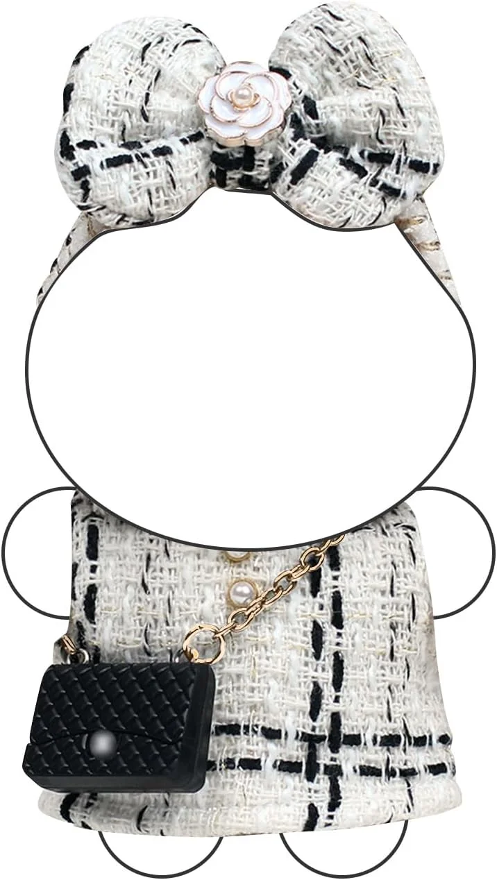 لباس عروسک 17 سانتی متری - ست شیک چهارخانه کلاسیک، شامل یک پیراهن چهارخانه سفید و مشکی، تل سر پاپیونی و کیف مینی مشکی شیک - عروسک شامل نمی شود