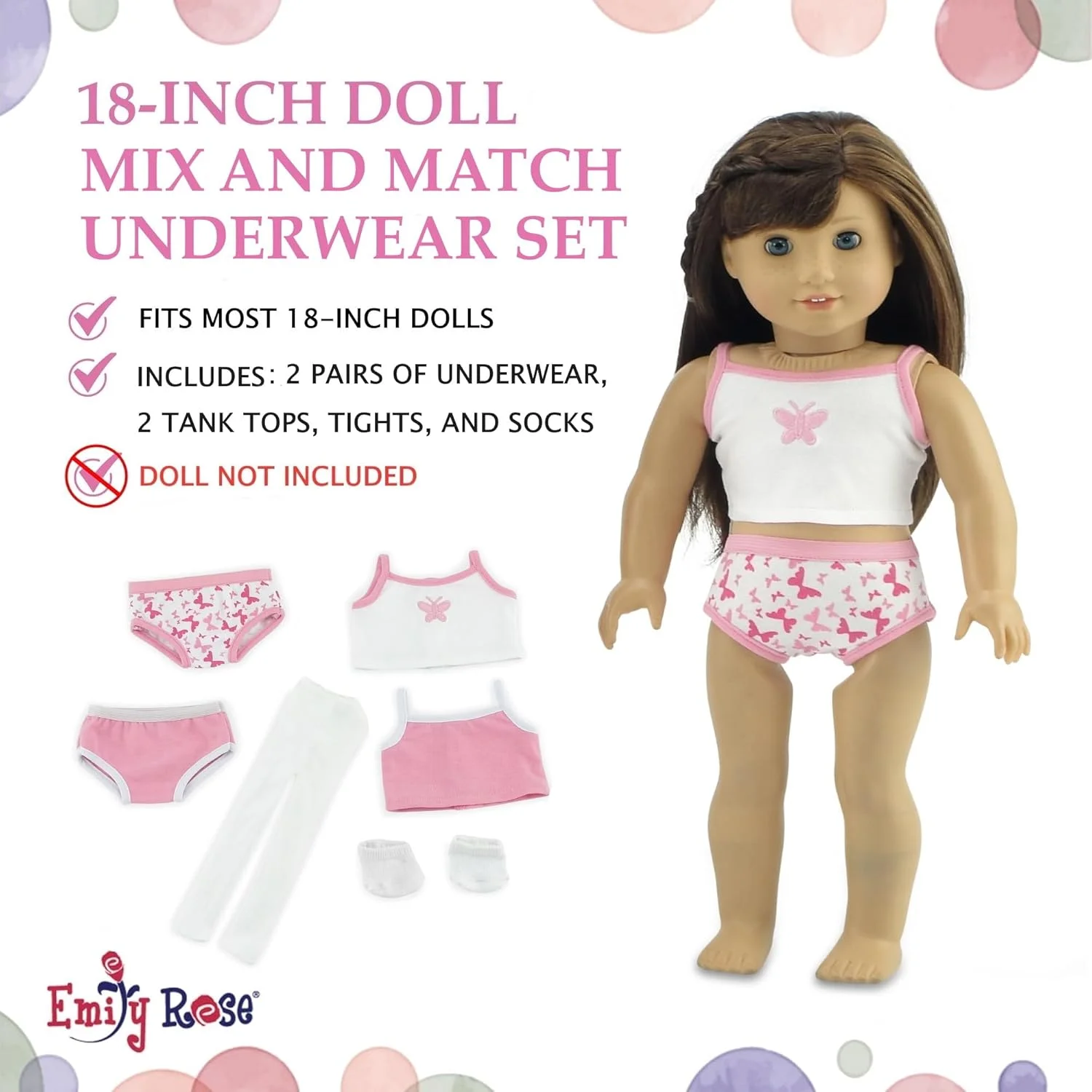 لباس زیر 6 تکه پایه ای عروسک 18 اینچی امیلی رز | شامل 2 شورت، 2 زیرپوش رکابی، جوراب سفید و جوراب شلواری سفید | مناسب برای عروسک های امریکن گرل | بسته بندی شده در جعبه هدیه!