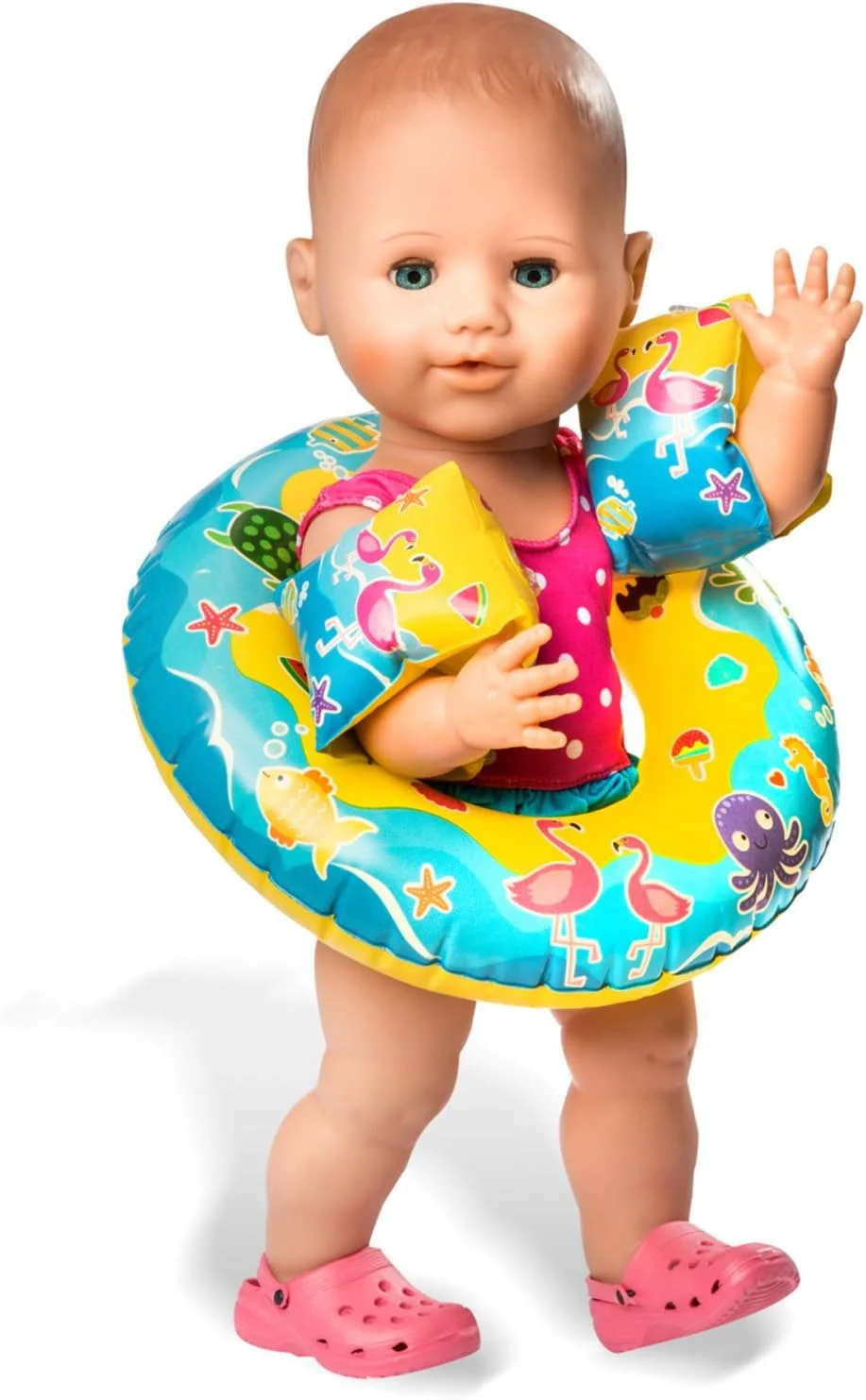 ست شنای عروسک هلِس 88، شامل مایو، دمپایی روفرشی، حلقه شنا و باله با طرح های سرگرم کننده حمام و آب، مناسب برای عروسک های با اندازه تقریبی 35 تا 45 سانتی متر، برای لذت بردن از حمام در روزهای گرم تابستان