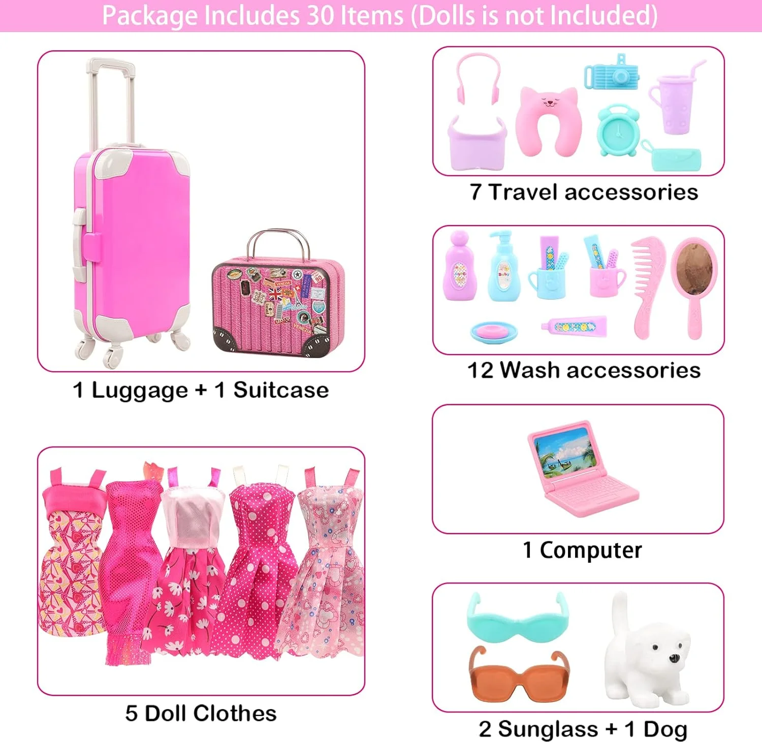 باروا 32 تکه چمدان عروسکی، لباس مسافرتی و لوازم جانبی برای عروسک دخترانه 11.5 اینچی، شامل 1 چمدان، 1 کیف، 23 لوازم بهداشتی مسافرتی، 5 لباس، 1 توله سگ، 1 کامپیوتر و... باروا 32 تکه چمدان عروسکی، لباس مسافرتی و لوازم جانبی برای عروسک دخترانه 11.5 اینچی، شامل 1 چمدان، 1 کیف، 23 لوازم بهداشتی مسافرتی، 5 لباس، 1 توله سگ، 1 کامپیوتر و...
