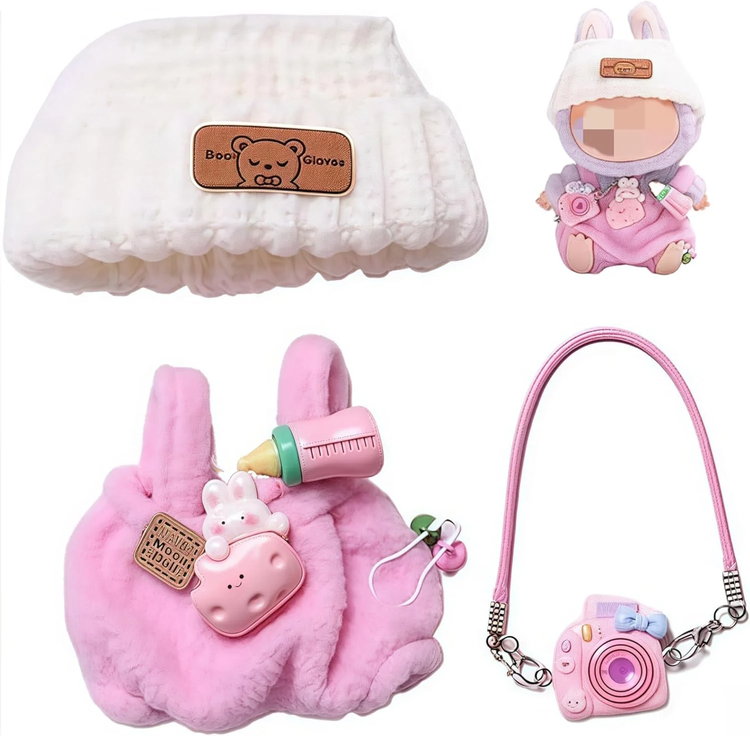 ست لباس و لوازم جانبی صورتی برای عروسک های لابوبو 17 سانتی متری، شامل دوربین، کوله پشتی و آویز بطری، مناسب برای نمایش و کلکسیون، لباس شیک و زیبا (بدون عروسک)