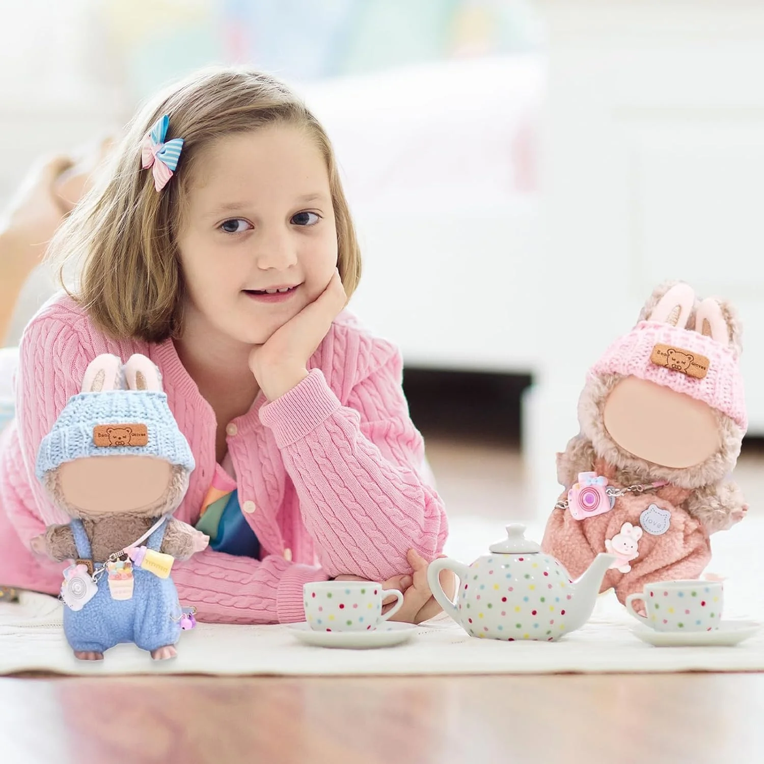 ست لباس و لوازم جانبی صورتی برای عروسک های لابوبو 17 سانتی متری، شامل دوربین، کوله پشتی و آویز بطری، مناسب برای نمایش و کلکسیون، لباس شیک و زیبا (بدون عروسک)