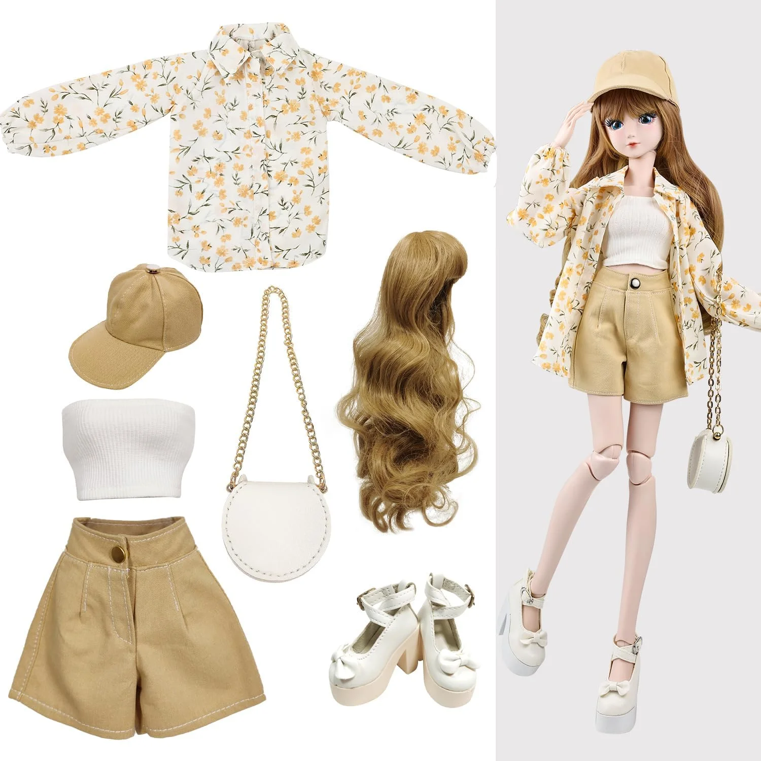 ست لباس عروسک Proudoll 1/3 BJD - بلوز گلدار شیک دست ساز، تاپ، شورت، کلاه، کلاه گیس، کیف کراس بادی و پاشنه بلند، سازگار با عروسک های 1/3 60 سانتی متری 24 اینچی SD