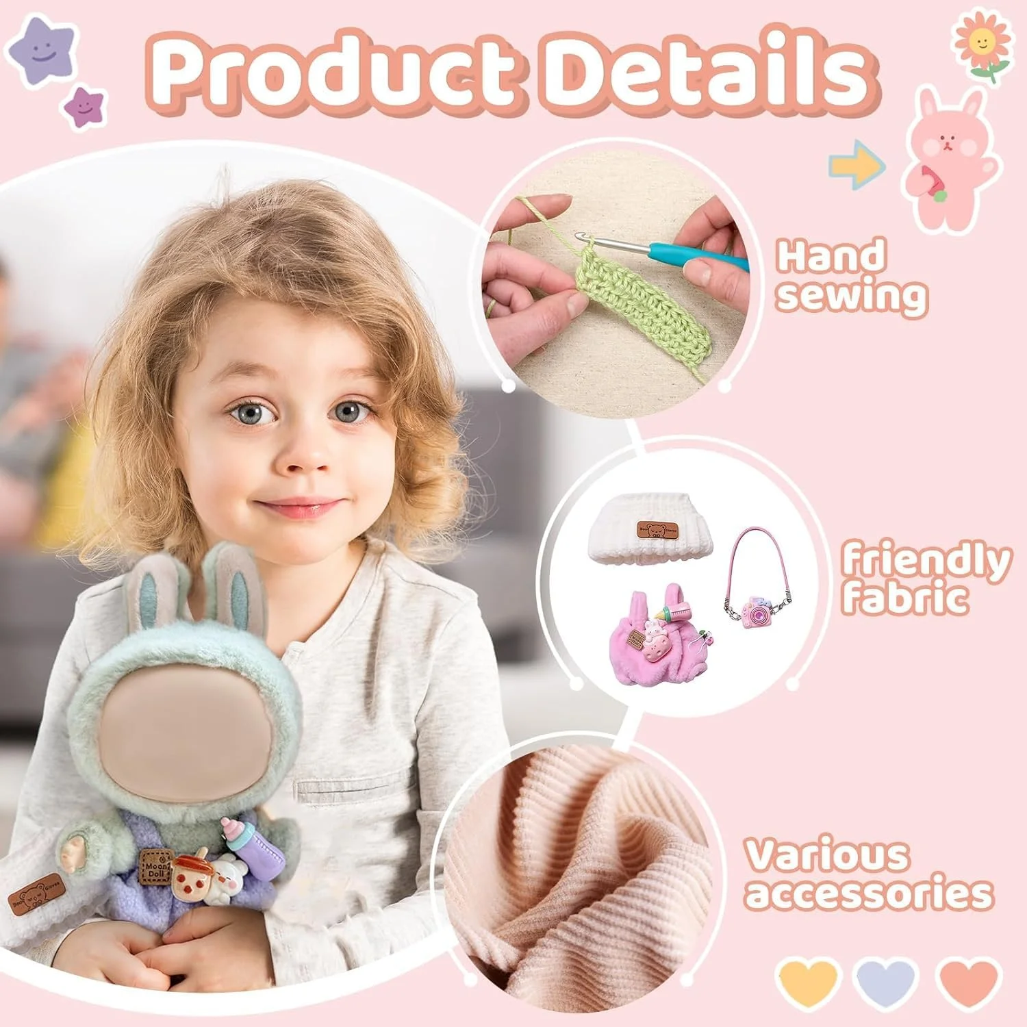 ست لباس و لوازم جانبی صورتی برای عروسک های لابوبو 17 سانتی متری، شامل دوربین، کوله پشتی و آویز بطری، مناسب برای نمایش و کلکسیون، لباس شیک و زیبا (بدون عروسک)