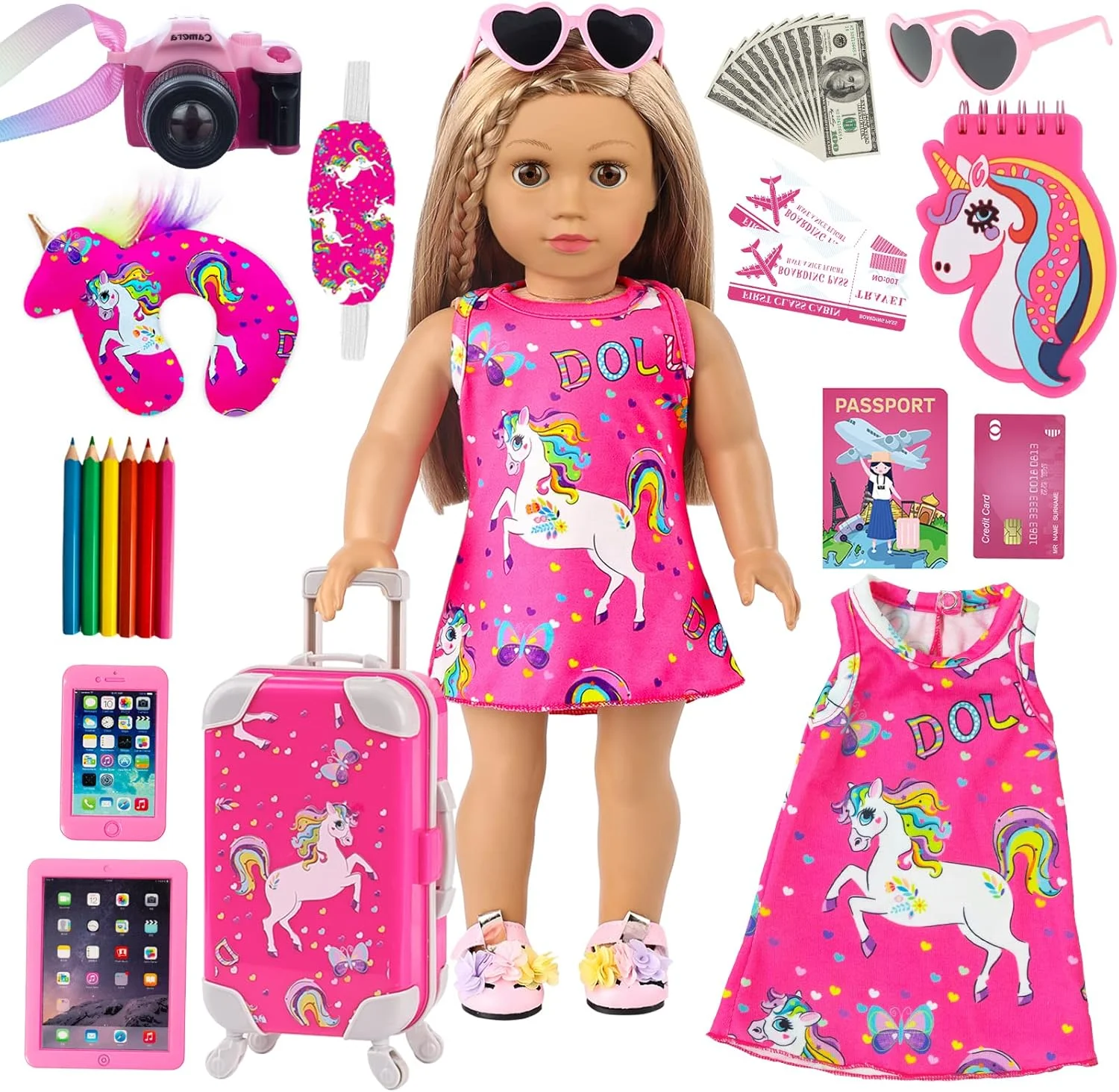 ZQDOLL لباس و لوازم جانبی عروسک دخترانه 18 اینچی آمریکایی، مجموعه بازی چمدان مسافرتی برای عروسک 18 اینچی، شامل لباس عروسک 18 اینچی، چمدان مسافرتی، بالش مسافرتی و چشم بند