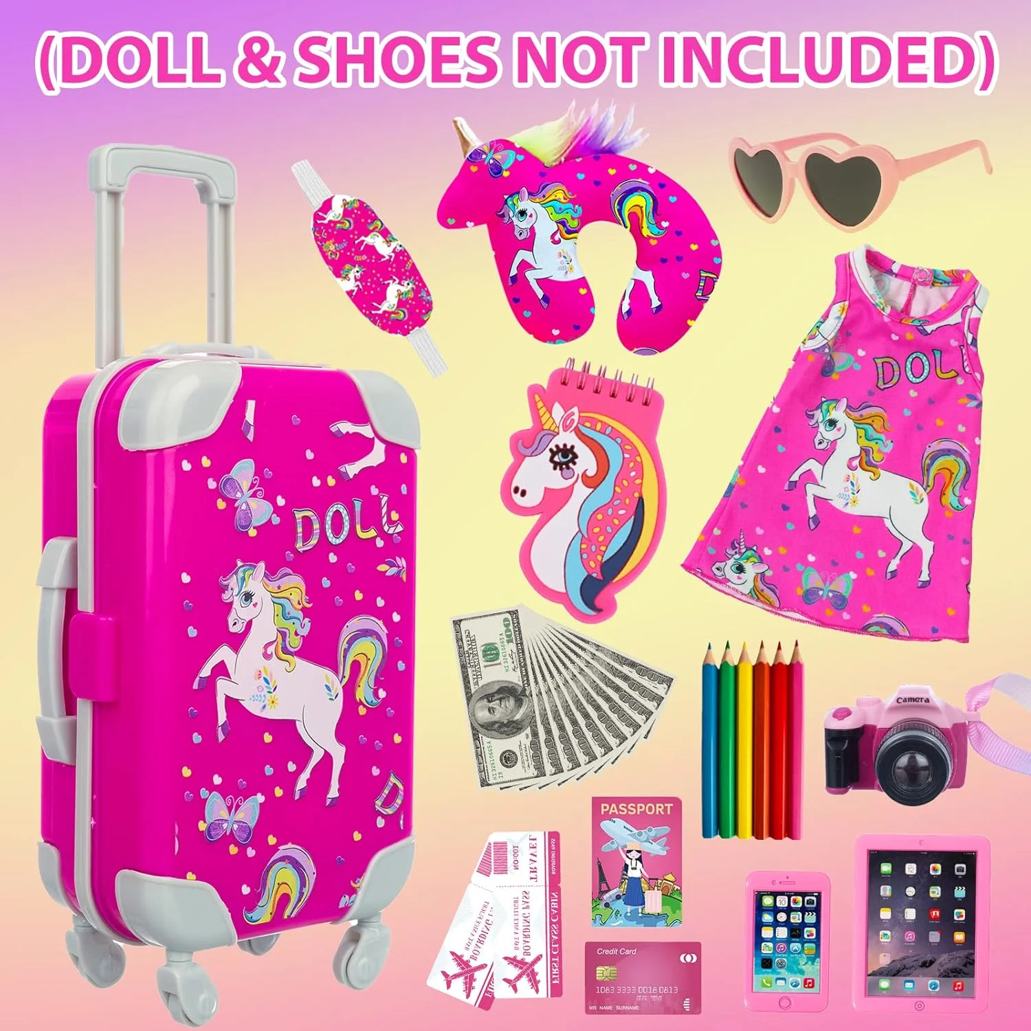 ZQDOLL لباس و لوازم جانبی عروسک دخترانه 18 اینچی آمریکایی، مجموعه بازی چمدان مسافرتی برای عروسک 18 اینچی، شامل لباس عروسک 18 اینچی، چمدان مسافرتی، بالش مسافرتی و چشم بند ZQDOLL لباس و لوازم جانبی عروسک دخترانه 18 اینچی آمریکایی، مجموعه بازی چمدان مسافرتی برای عروسک 18 اینچی، شامل لباس عروسک 18 اینچی، چمدان مسافرتی، بالش مسافرتی و چشم بند