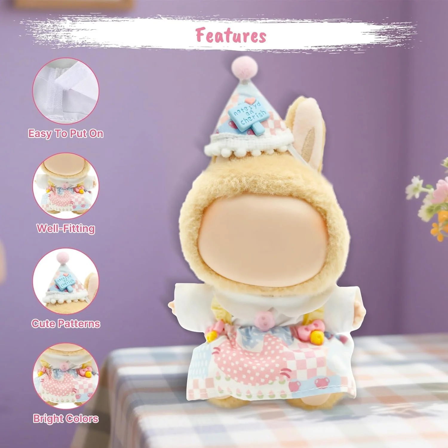 ست لباس عروسک 3 تکه KASTWAVE، سازگار با عروسک پولیشی لابوبو، شامل تاپ، دامن فانتزی و کلاه، مناسب برای عروسک های 15 تا 17 سانتی متری (عروسک شامل نمی شود)