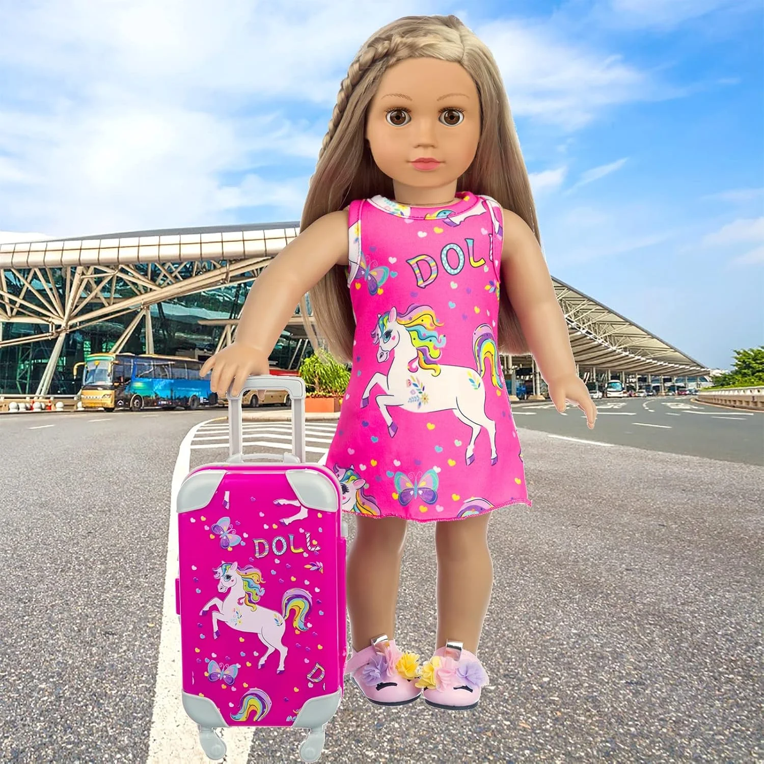 ZQDOLL لباس و لوازم جانبی عروسک دخترانه 18 اینچی آمریکایی، مجموعه بازی چمدان مسافرتی برای عروسک 18 اینچی، شامل لباس عروسک 18 اینچی، چمدان مسافرتی، بالش مسافرتی و چشم بند ZQDOLL لباس و لوازم جانبی عروسک دخترانه 18 اینچی آمریکایی، مجموعه بازی چمدان مسافرتی برای عروسک 18 اینچی، شامل لباس عروسک 18 اینچی، چمدان مسافرتی، بالش مسافرتی و چشم بند
