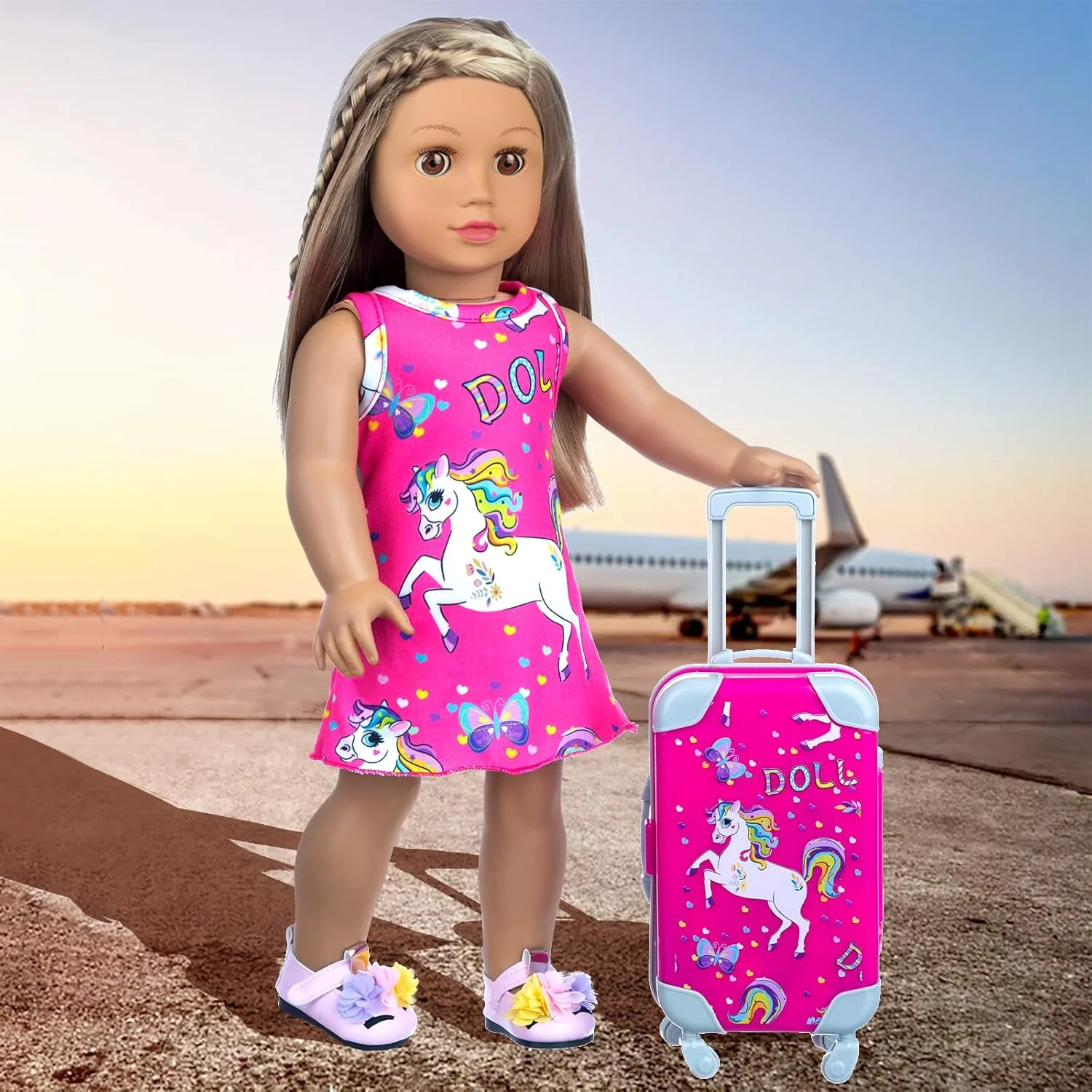 ZQDOLL لباس و لوازم جانبی عروسک دخترانه 18 اینچی آمریکایی، مجموعه بازی چمدان مسافرتی برای عروسک 18 اینچی، شامل لباس عروسک 18 اینچی، چمدان مسافرتی، بالش مسافرتی و چشم بند ZQDOLL لباس و لوازم جانبی عروسک دخترانه 18 اینچی آمریکایی، مجموعه بازی چمدان مسافرتی برای عروسک 18 اینچی، شامل لباس عروسک 18 اینچی، چمدان مسافرتی، بالش مسافرتی و چشم بند